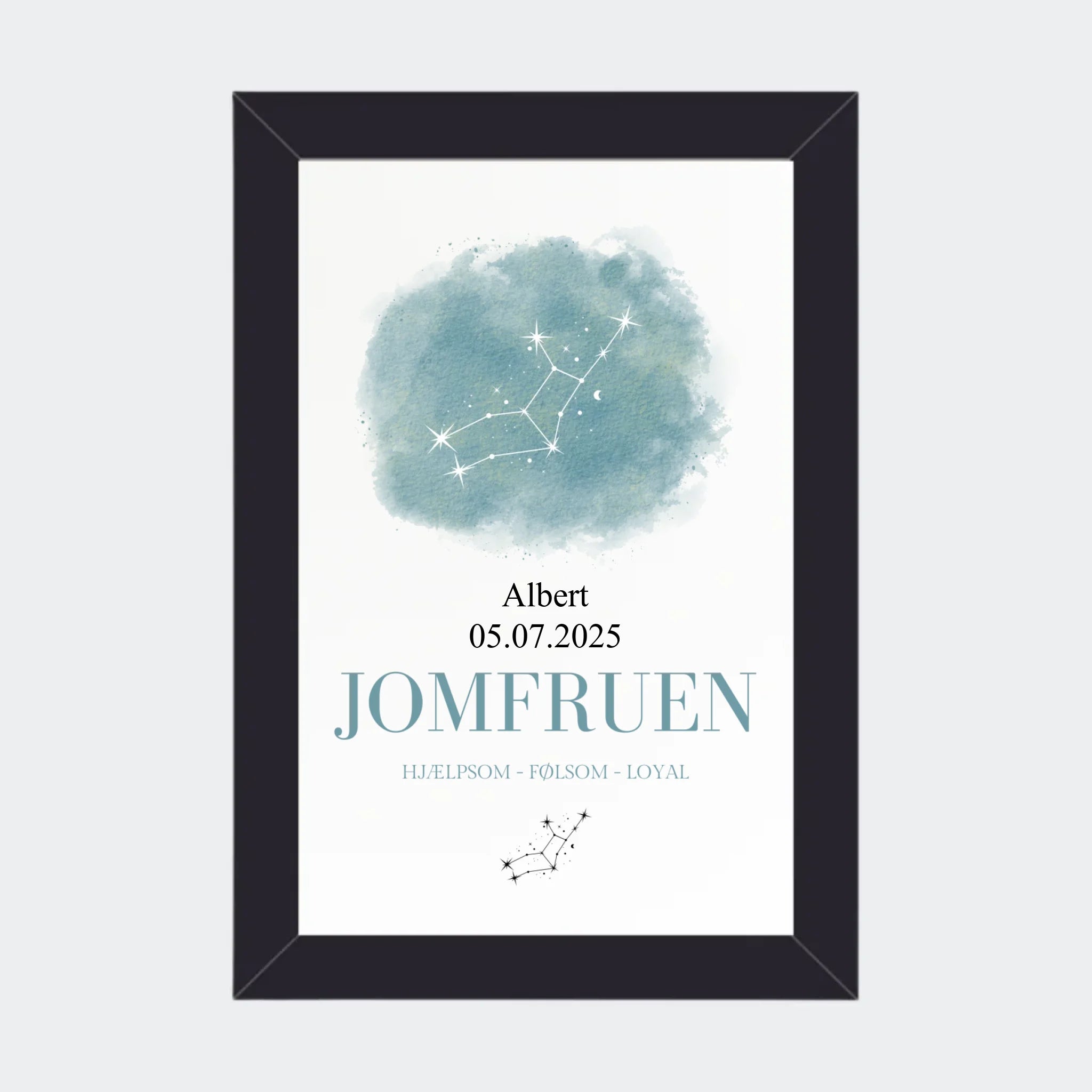 Stjernetegnsplakat – Jomfruen, 10 × 15 med sort ramme