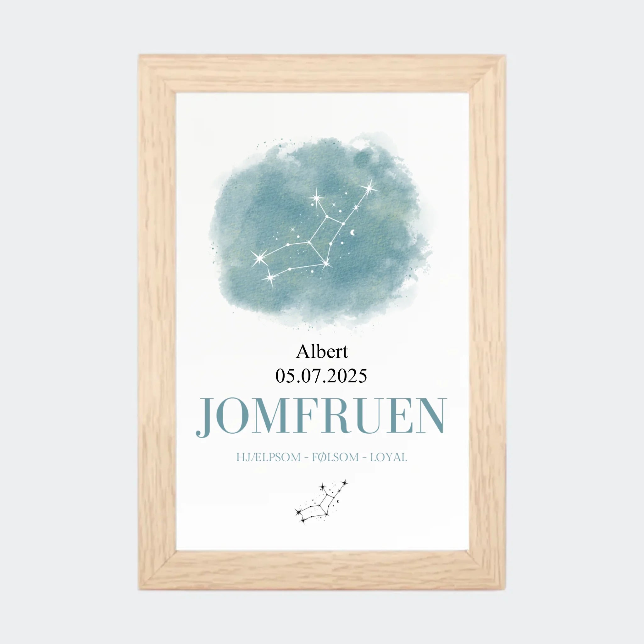 Stjernetegnsplakat – Jomfruen, 10 × 15 med naturfarvet ramme