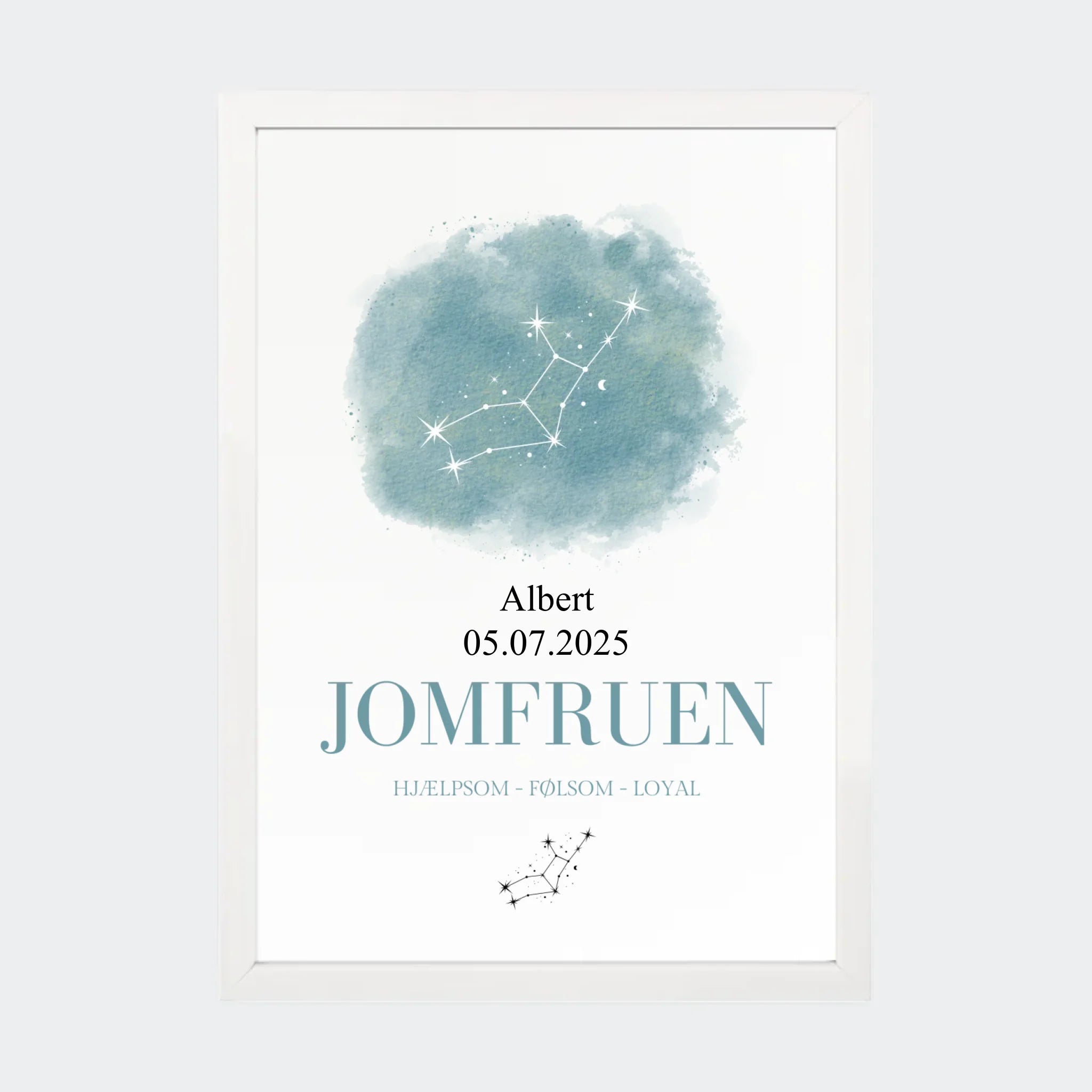 Stjernetegnsplakat – Jomfruen, A4 med hvid ramme
