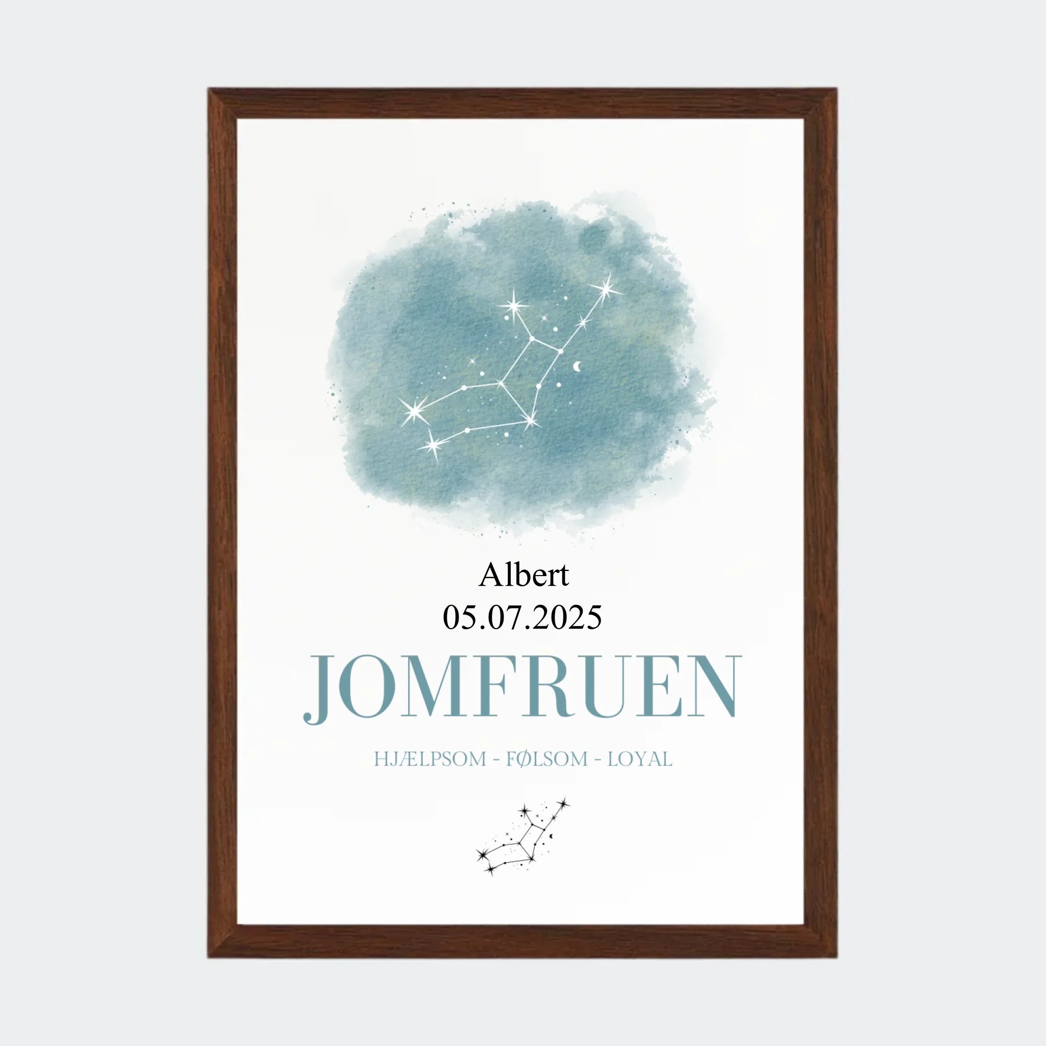 Stjernetegnsplakat – Jomfruen, A4 med ramme i mørk eg