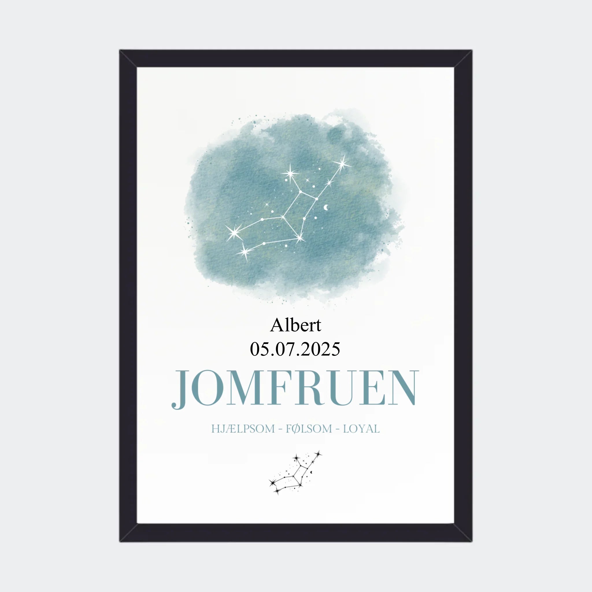 Stjernetegnsplakat – Jomfruen, A4 med sort ramme