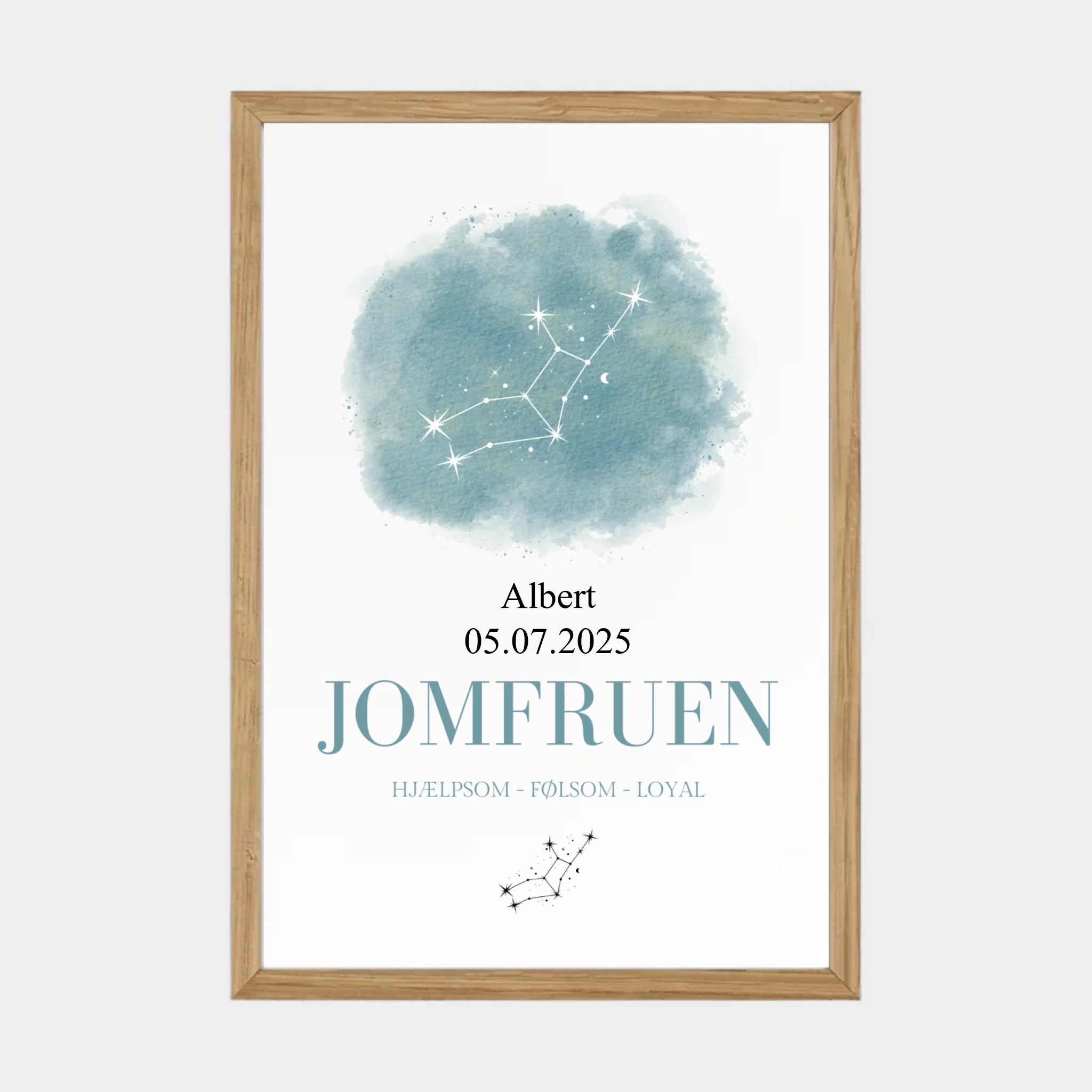 Stjernetegnsplakat – Jomfruen, A4 med ramme i massiv eg