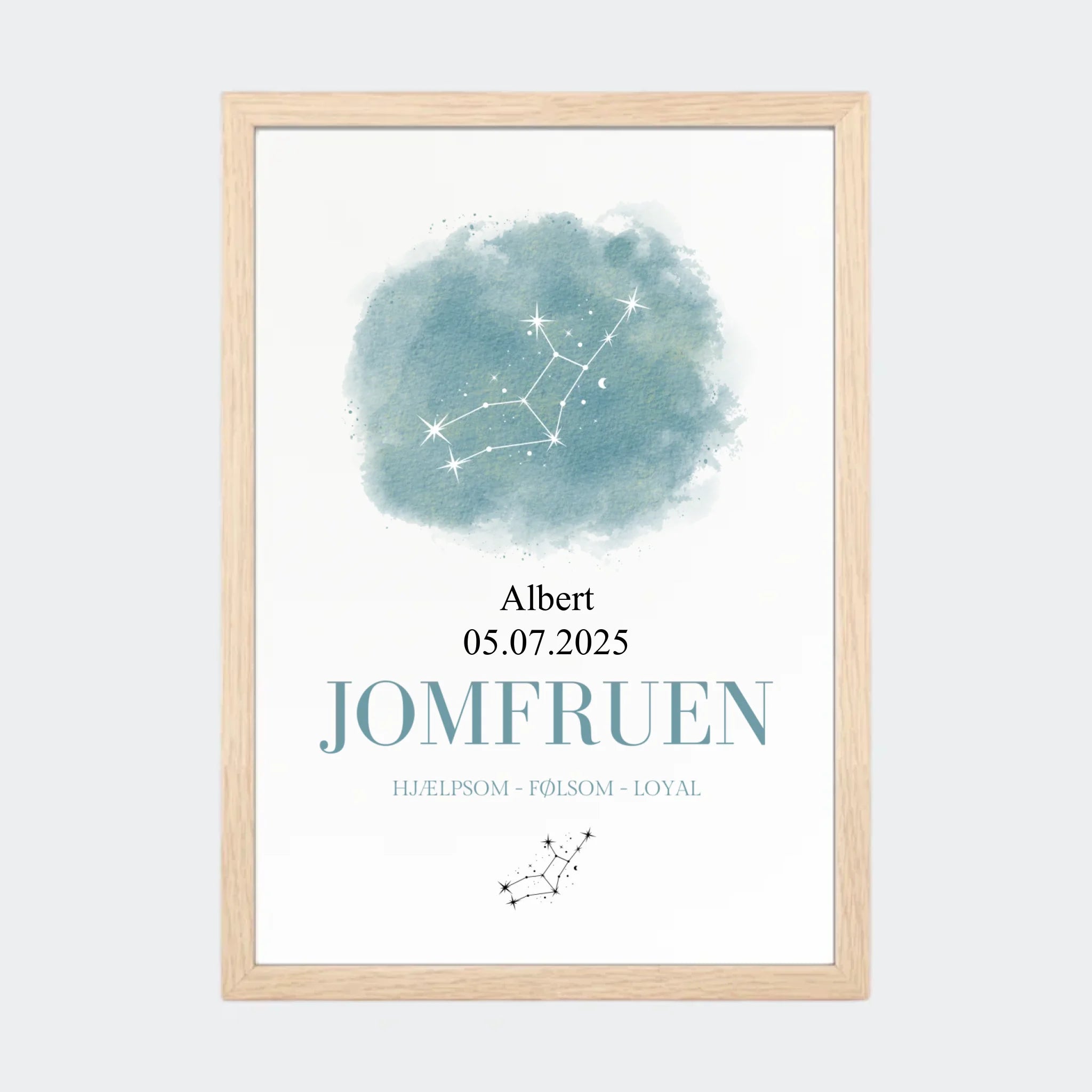 Stjernetegnsplakat – Jomfruen, A4 med naturfarvet ramme