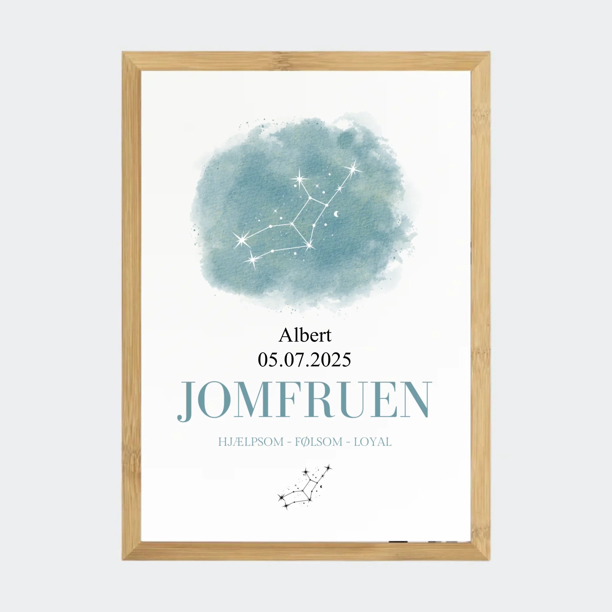 Stjernetegnsplakat – Jomfruen, A3 med ramme i bambus