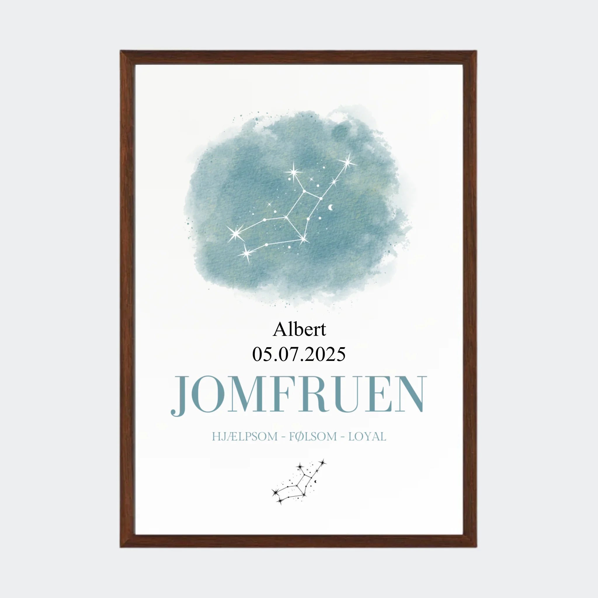Stjernetegnsplakat – Jomfruen, A3 med ramme i mørk eg