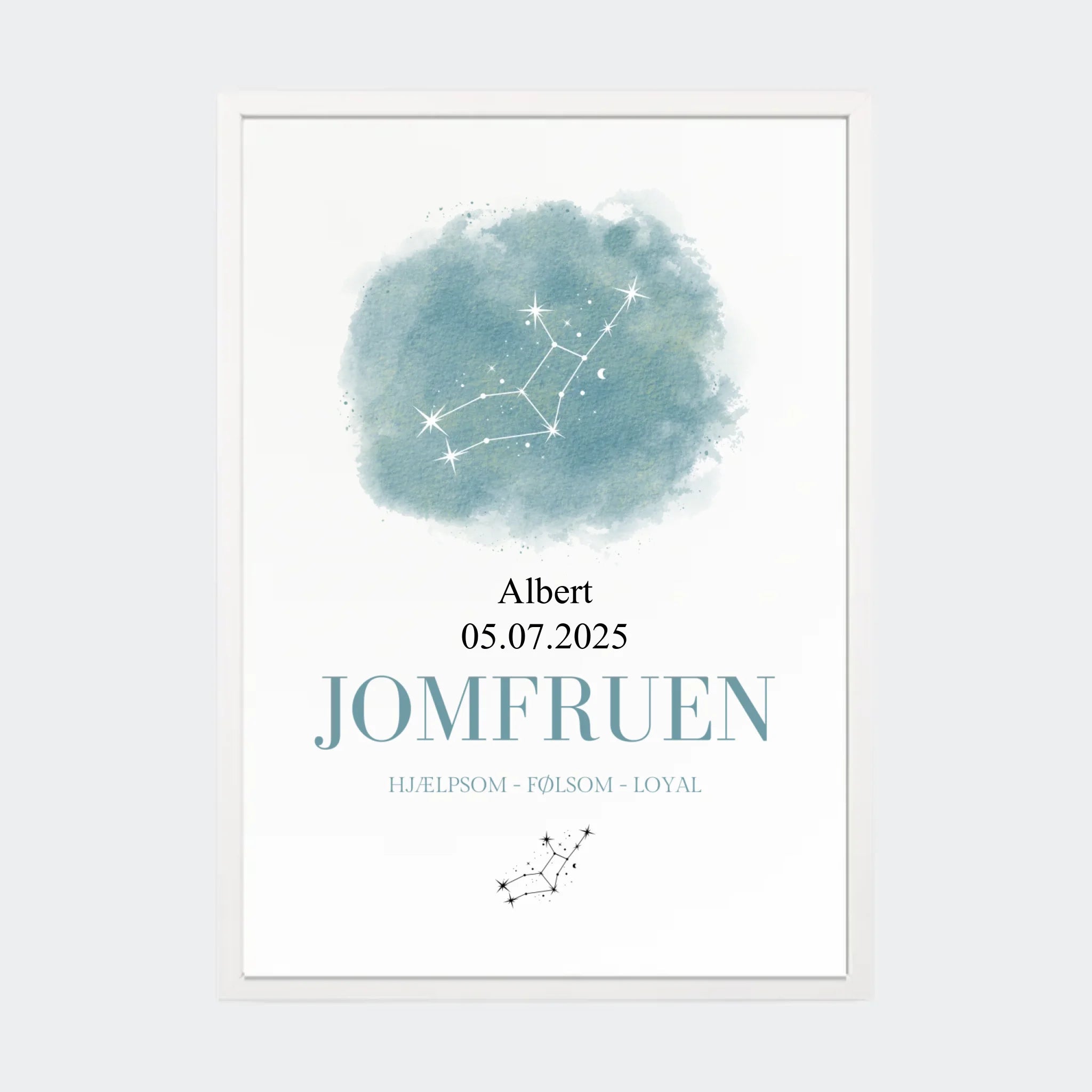 Stjernetegnsplakat – Jomfruen, A3 med hvid ramme