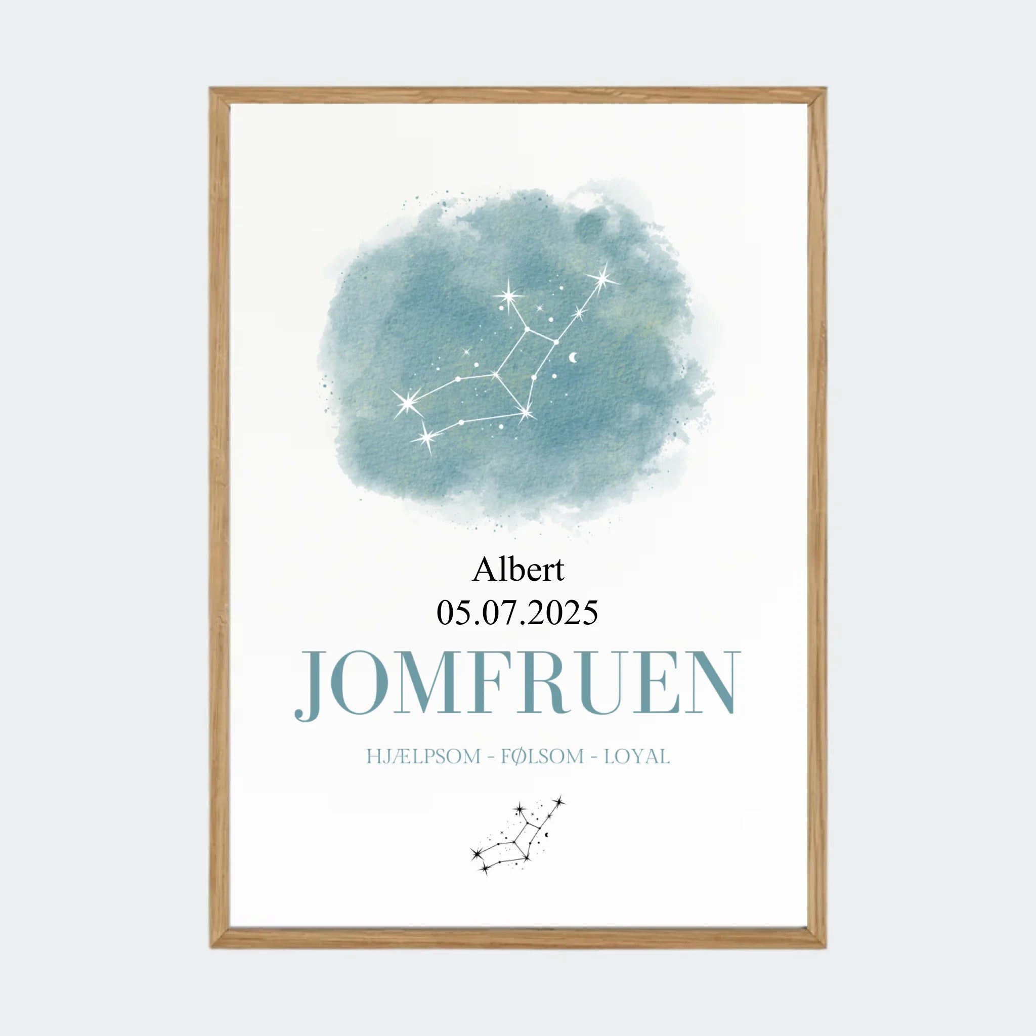 Stjernetegnsplakat – Jomfruen, A3 med ramme i massiv eg