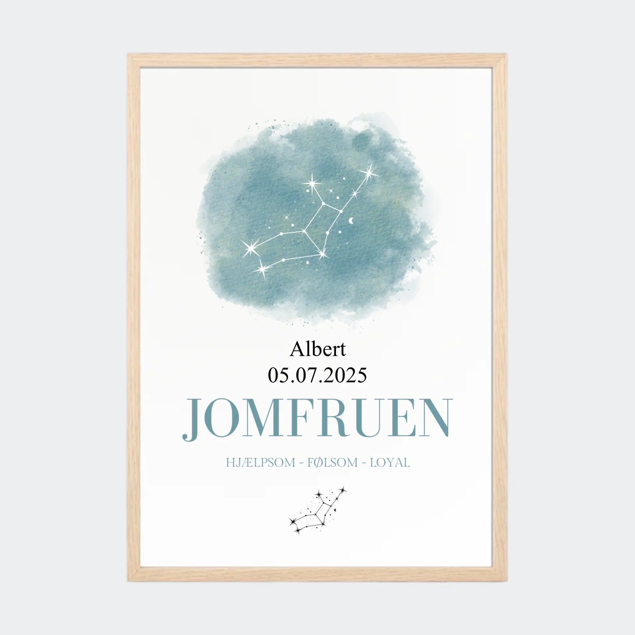 Stjernetegnsplakat – Jomfruen, A3 med ramme i natur eg