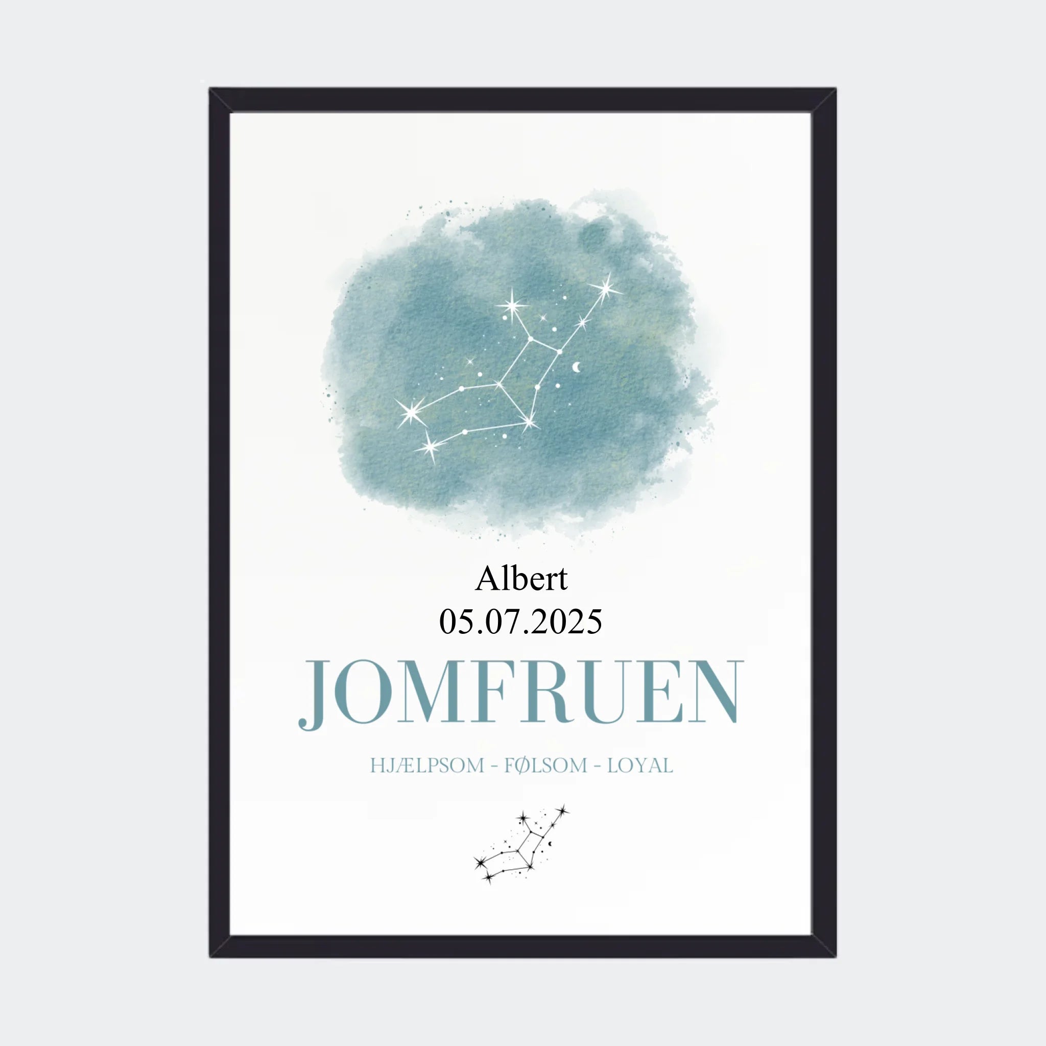 Stjernetegnsplakat – Jomfruen, A3 med sort ramme