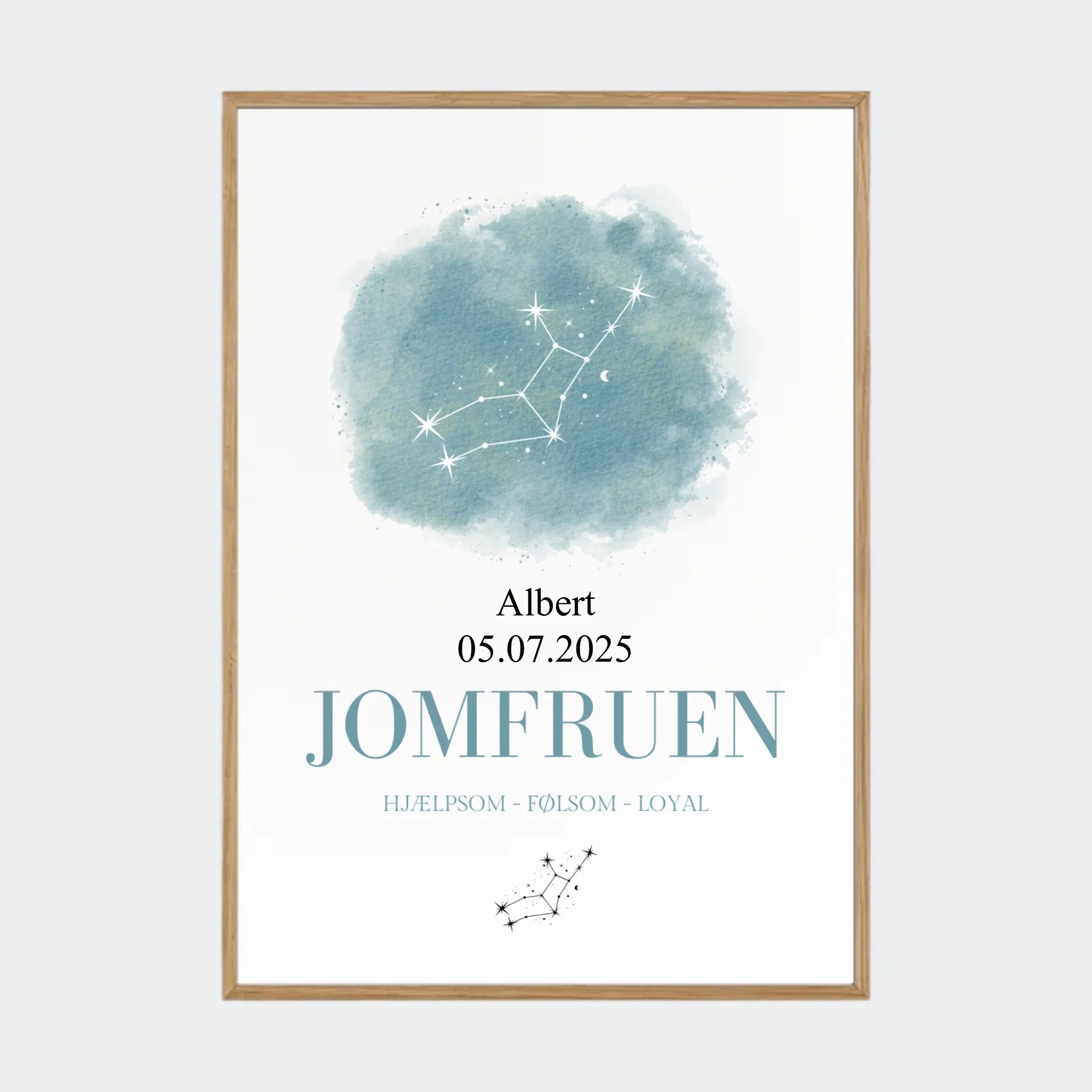 Stjernetegnsplakat – Jomfruen, A2 med ramme i massiv eg