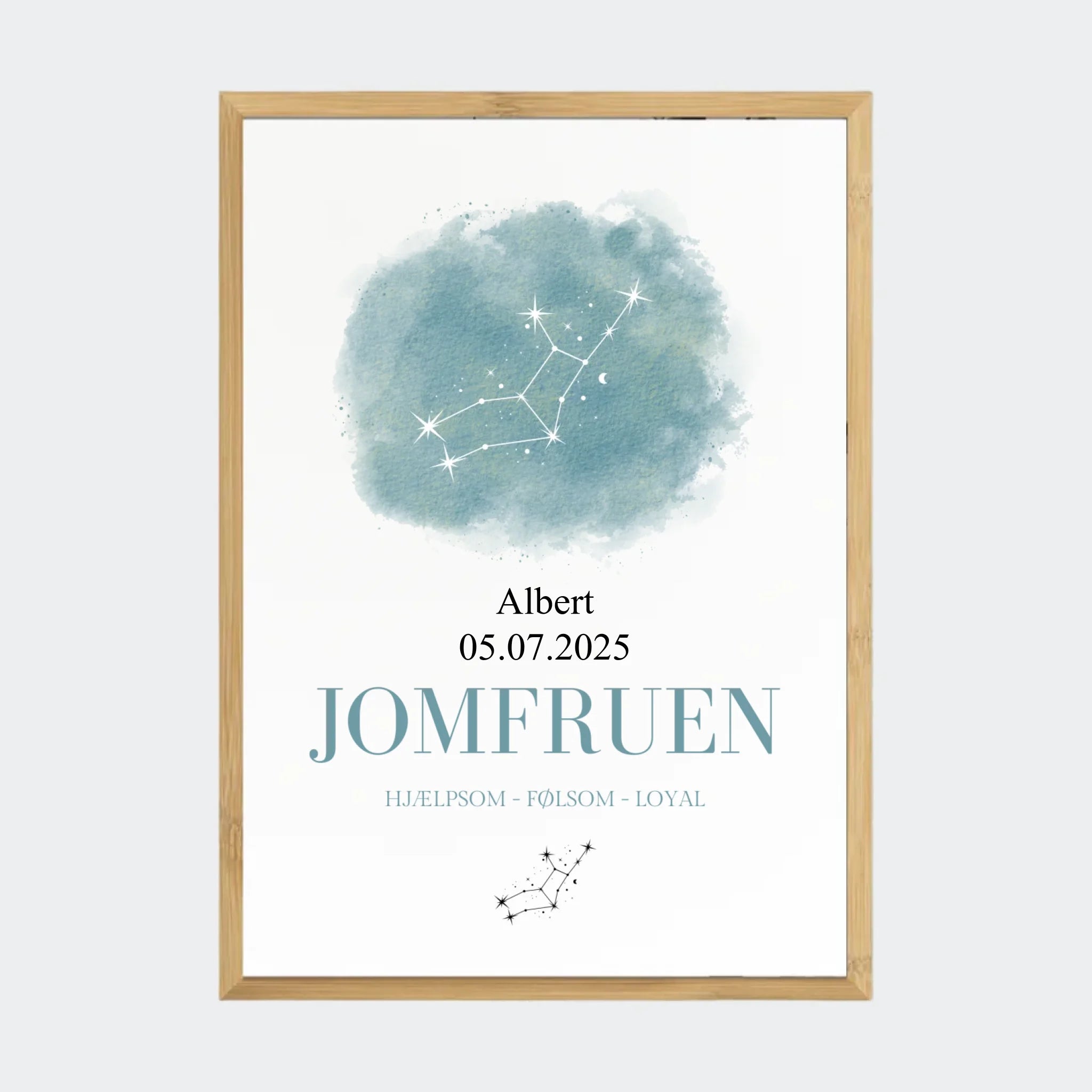 Stjernetegnsplakat – Jomfruen, A2 med ramme i bambus