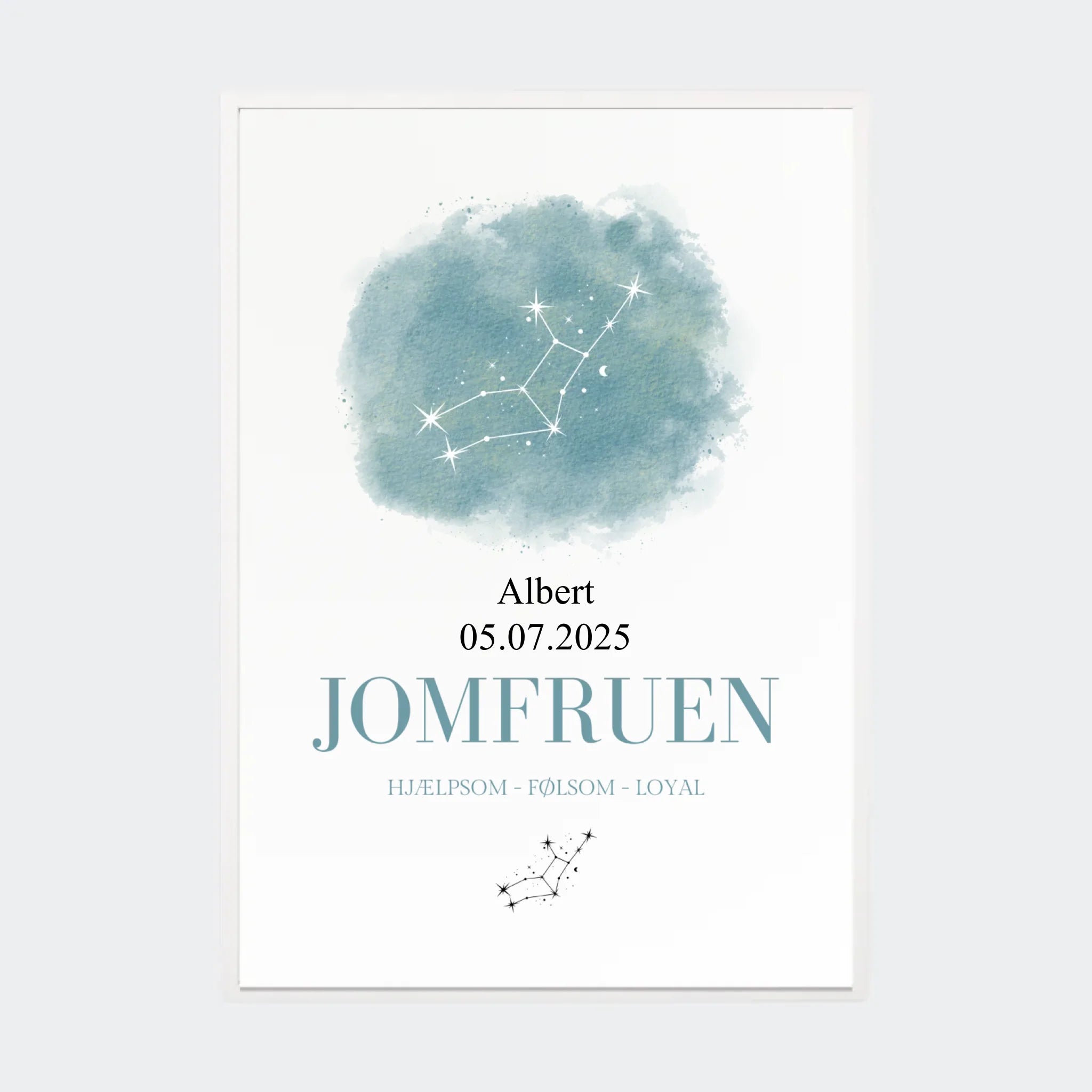 Stjernetegnsplakat – Jomfruen, A2 med hvid ramme