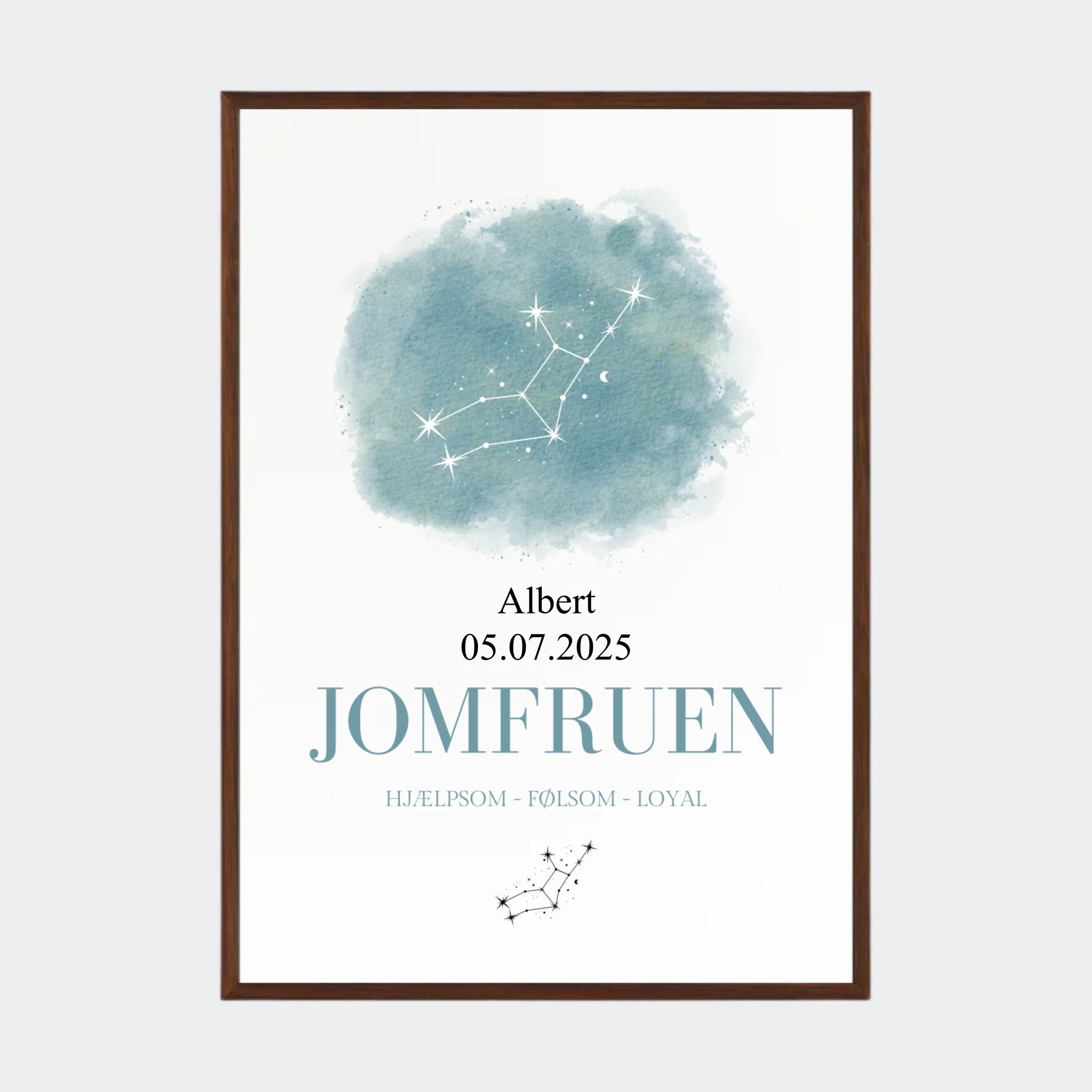 Stjernetegnsplakat – Jomfruen, A2 med ramme i mørk eg