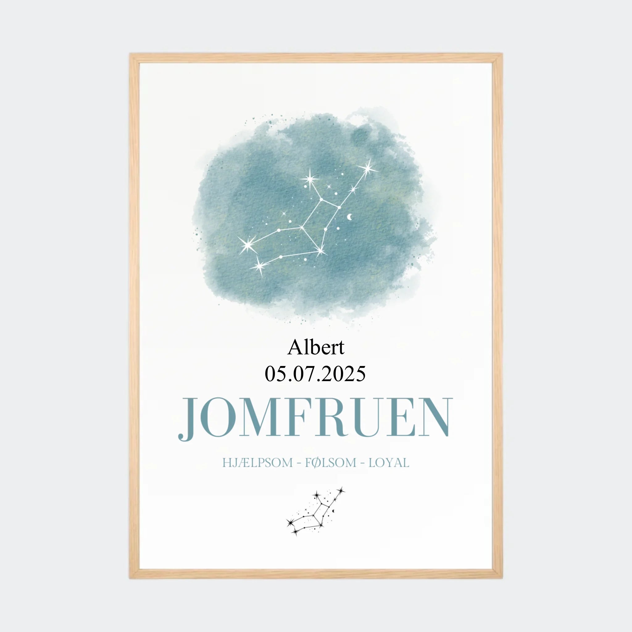 Stjernetegnsplakat – Jomfruen, A2 med naturfarvet ramme