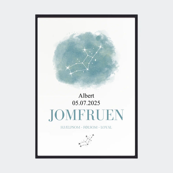 Stjernetegnsplakat – Jomfruen, A2 med sort ramme