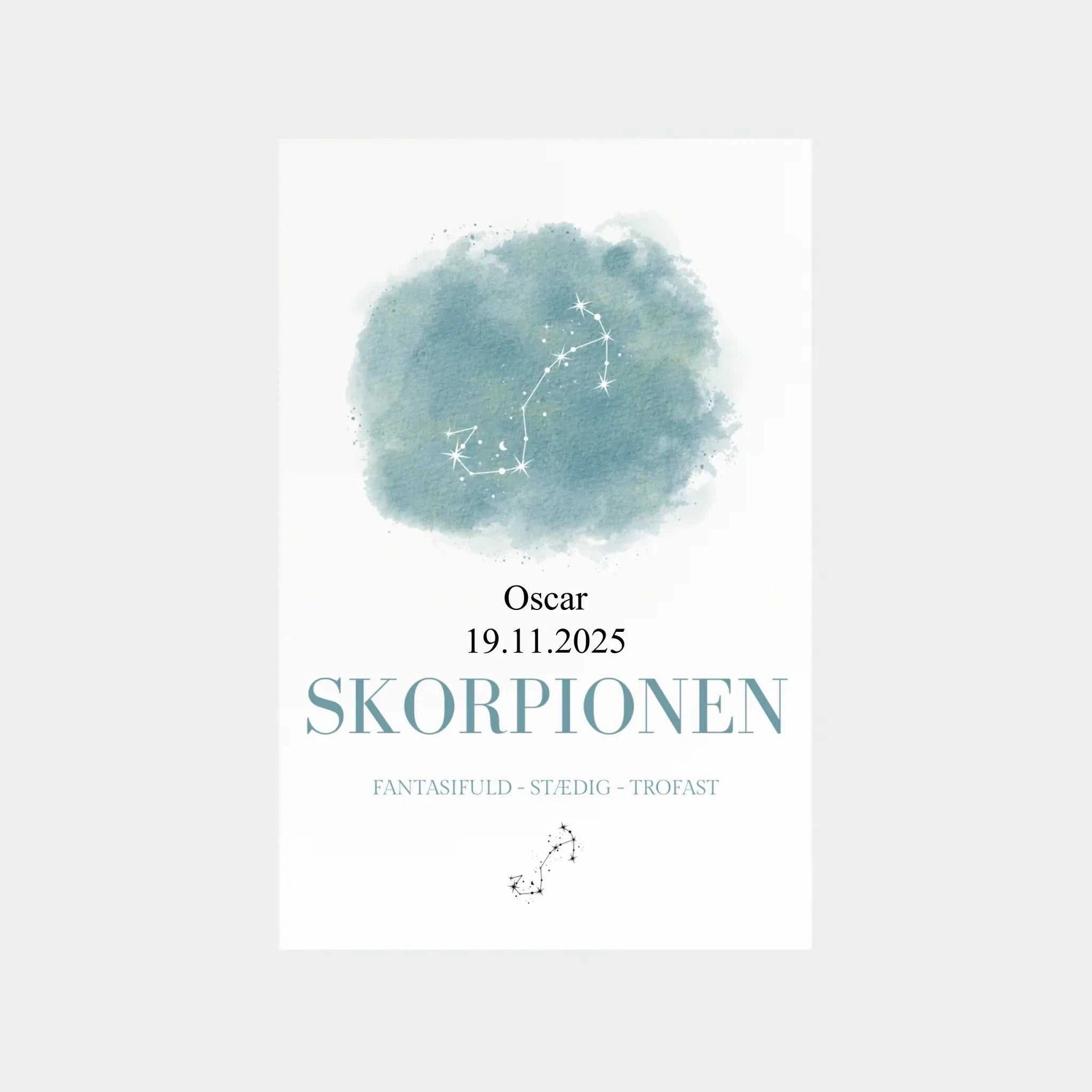 Personalized Scorpio zodiac poster with constellation and custom name and birthdate design