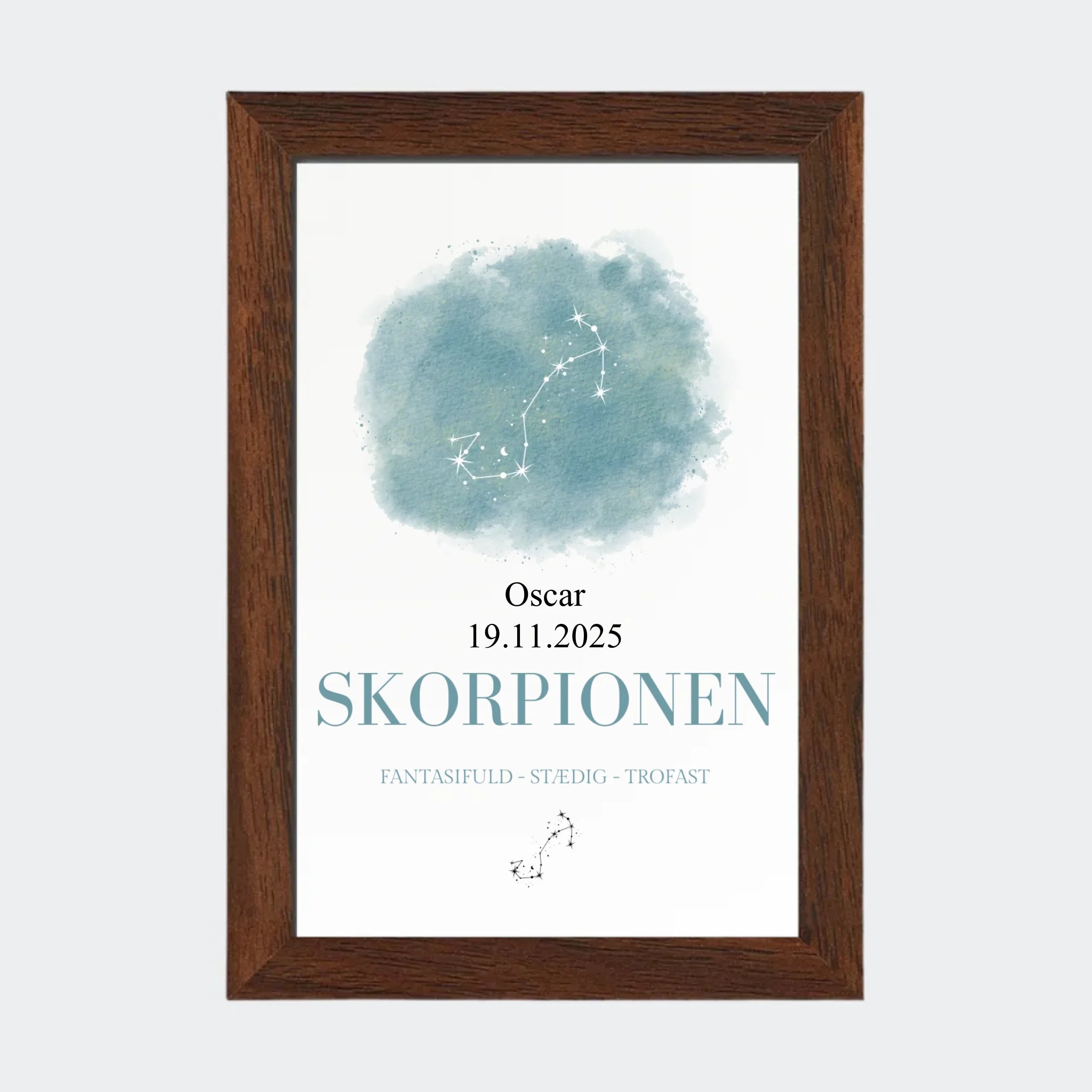 Stjernetegnsplakat – Skorpionen, 10 × 15 med ramme i mørk eg
