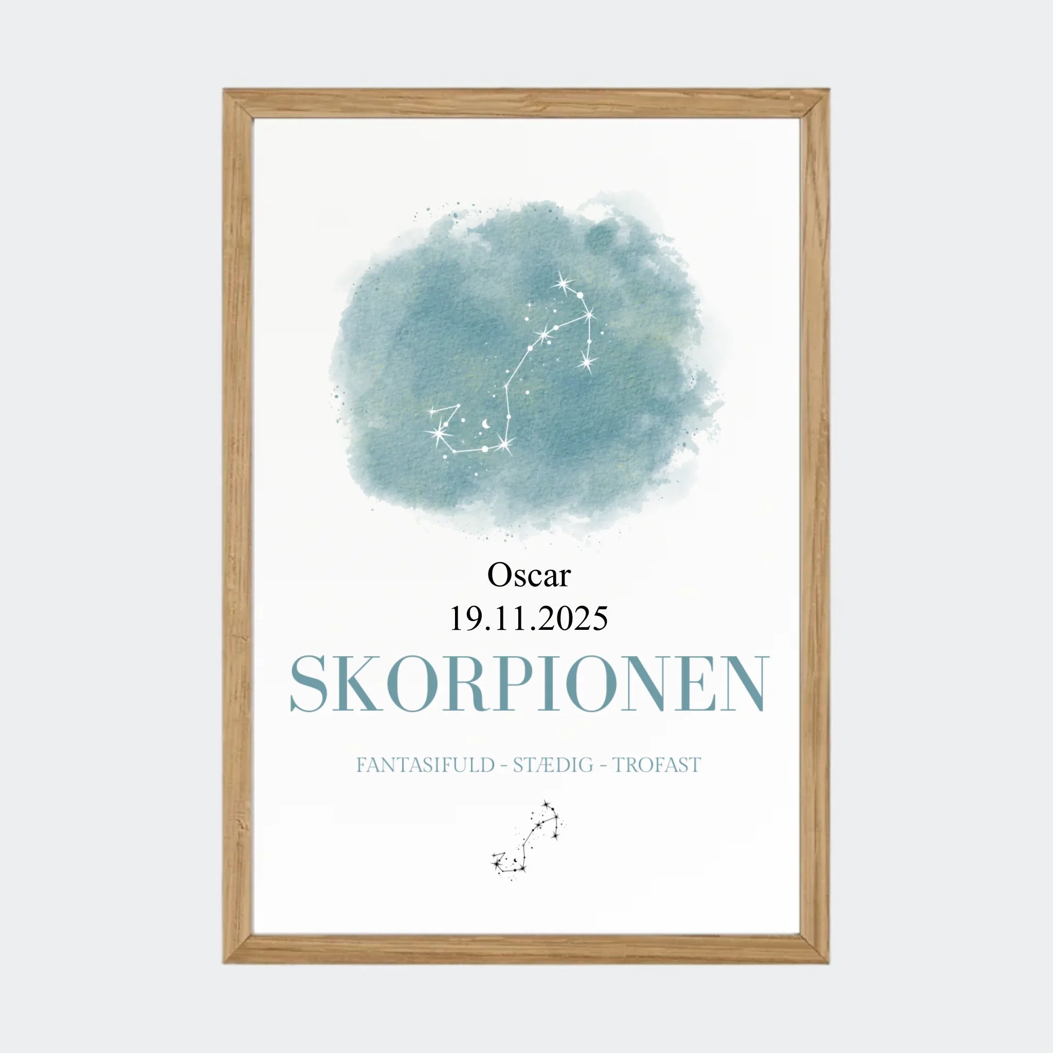 Stjernetegnsplakat – Skorpionen, A4 med ramme i massiv eg