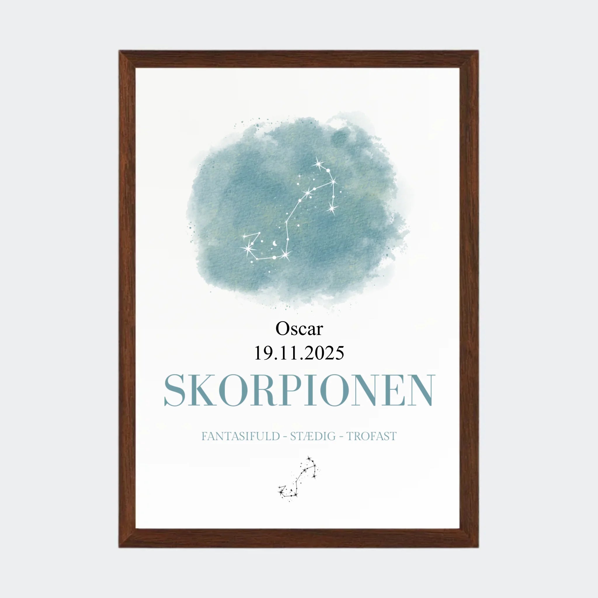 Stjernetegnsplakat – Skorpionen, A4 med ramme i mørk eg