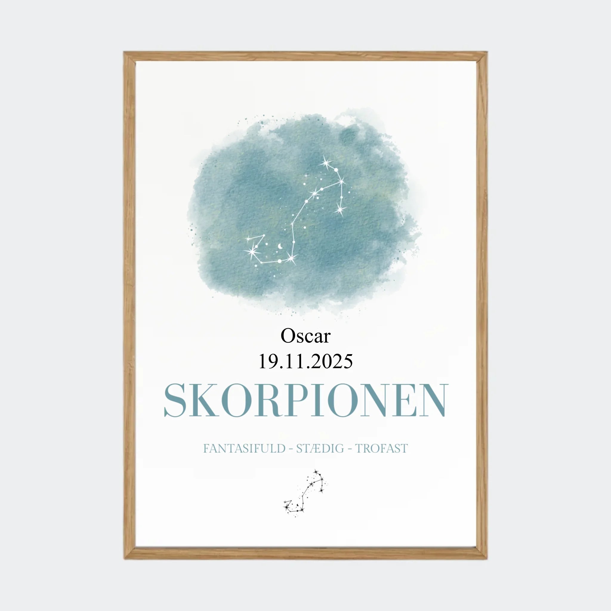 Stjernetegnsplakat – Skorpionen, A3 med ramme i massiv eg