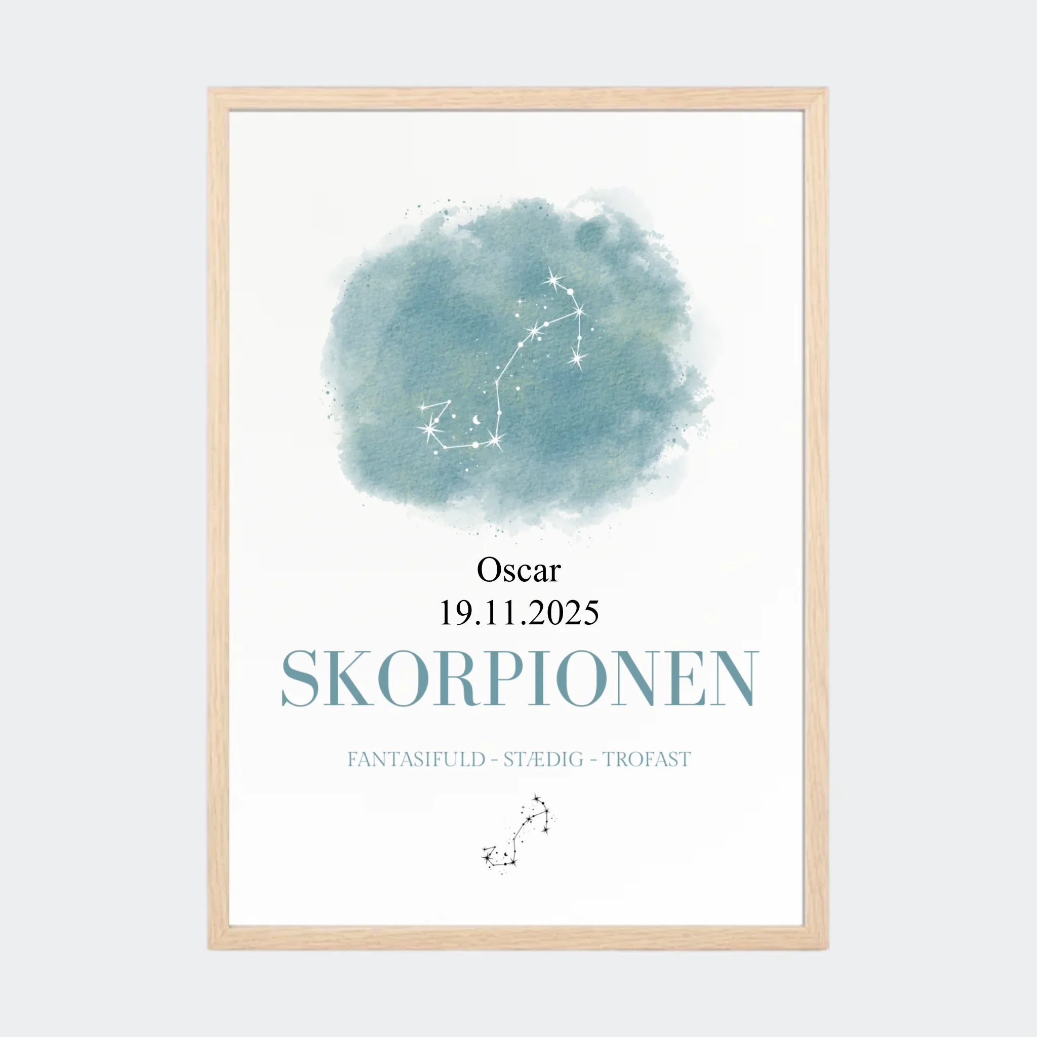 Stjernetegnsplakat – Skorpionen, A3 med ramme i natur eg