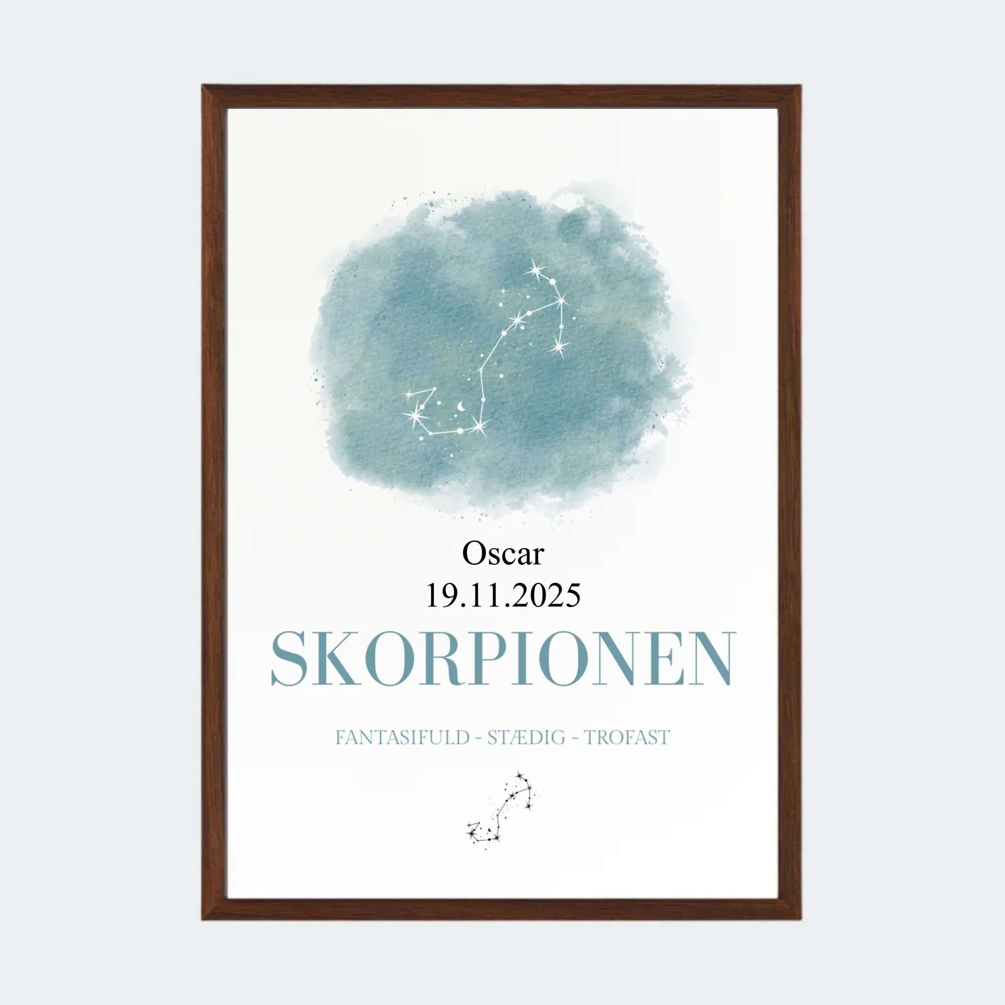 Stjernetegnsplakat – Skorpionen, A3 med ramme i mørk eg