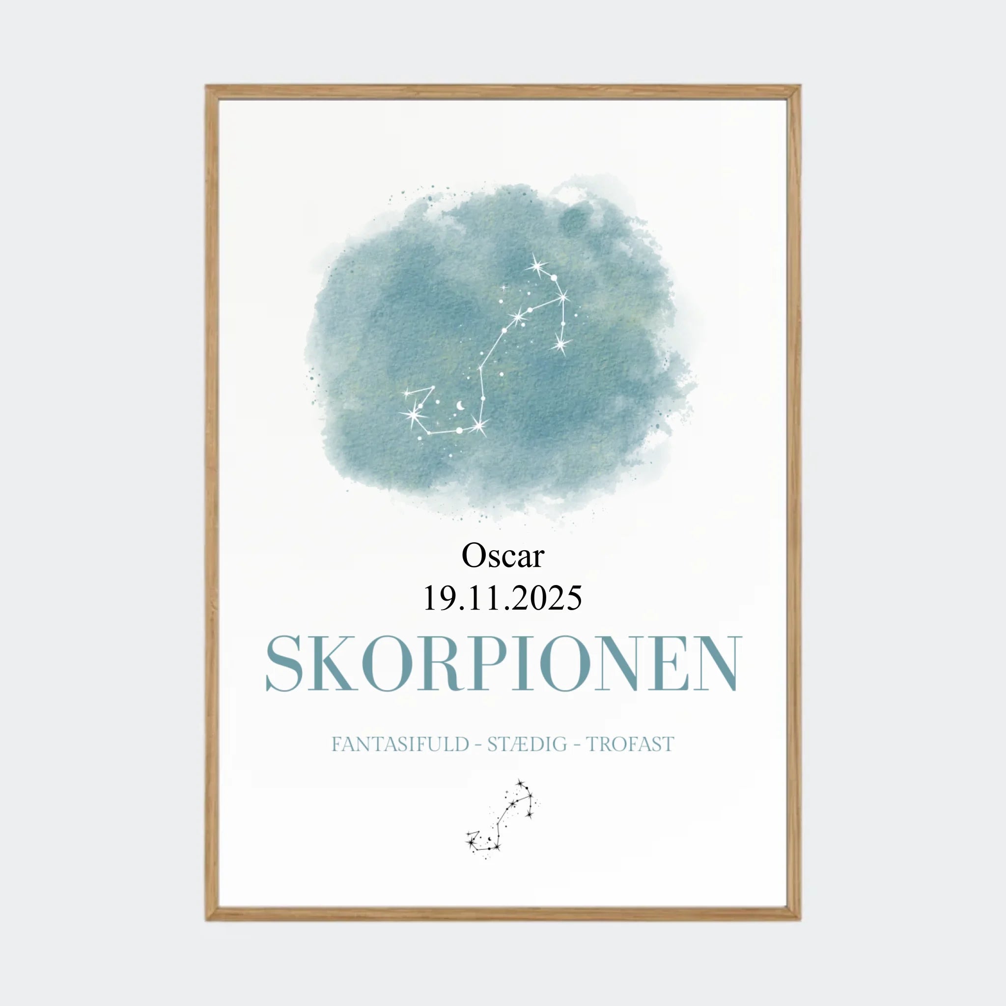 Stjernetegnsplakat – Skorpionen, A2 med ramme i massiv eg