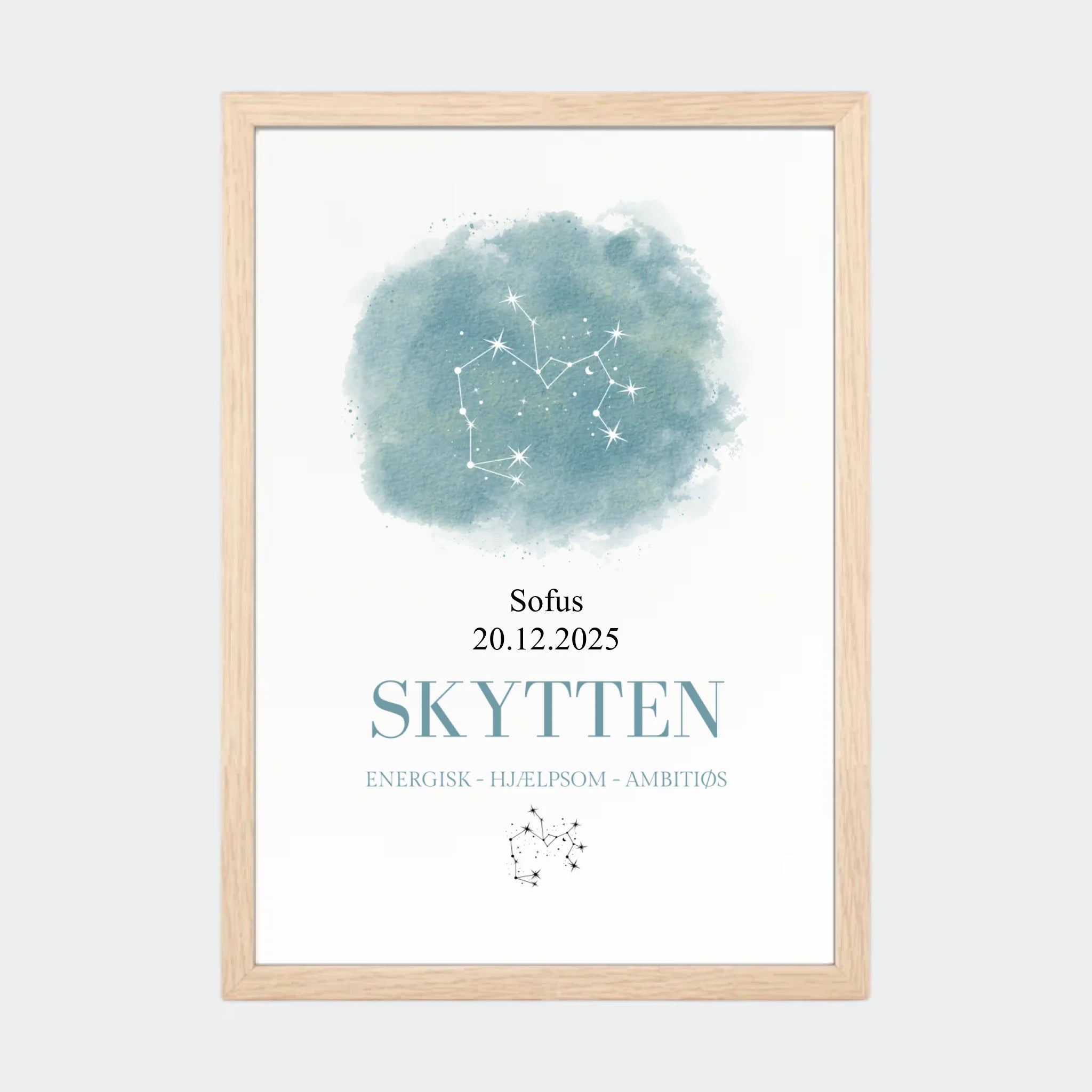 Stjernetegnsplakat – Skytten, A4 med naturfarvet ramme