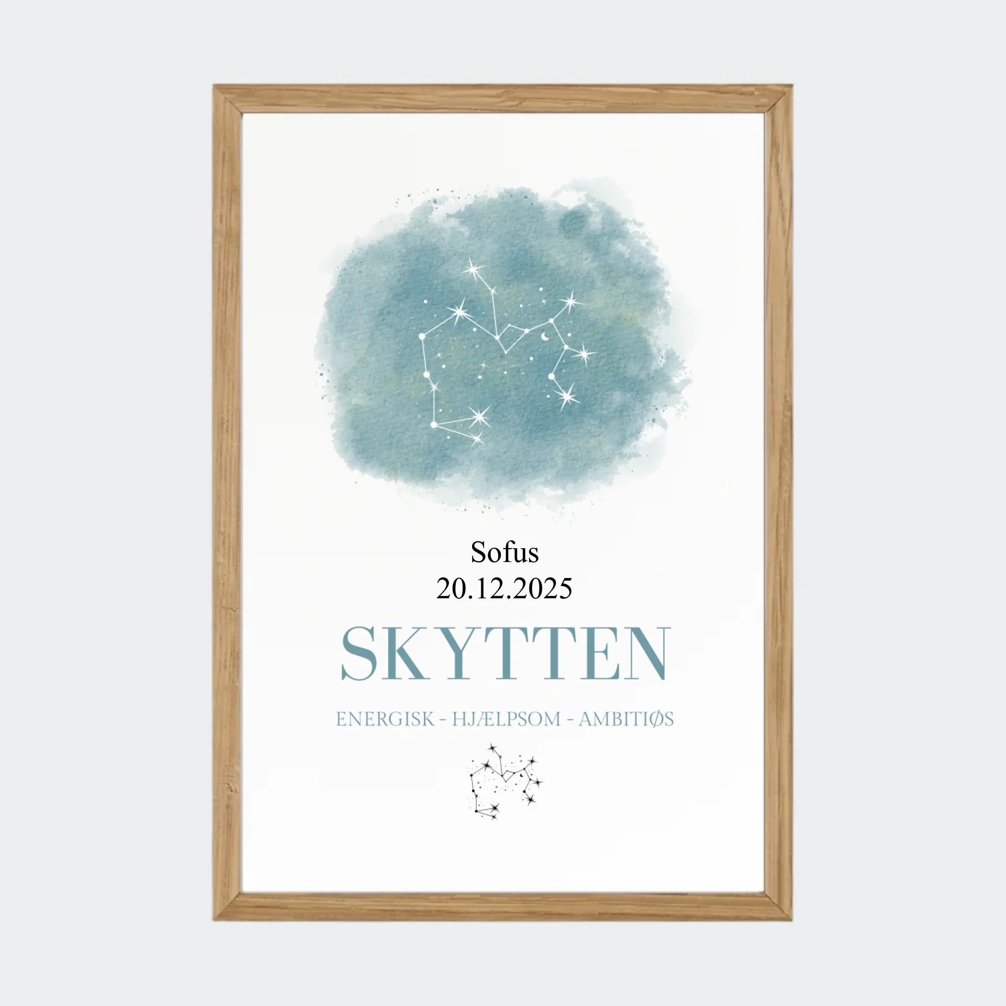 Stjernetegnsplakat – Skytten, A4 med ramme i massiv eg