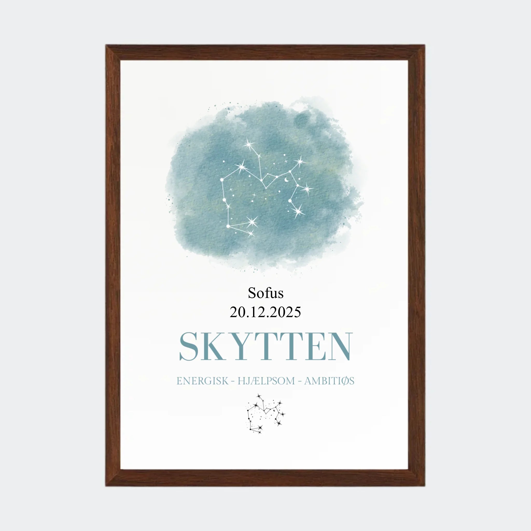 Stjernetegnsplakat – Skytten, A4 med ramme i mørk eg