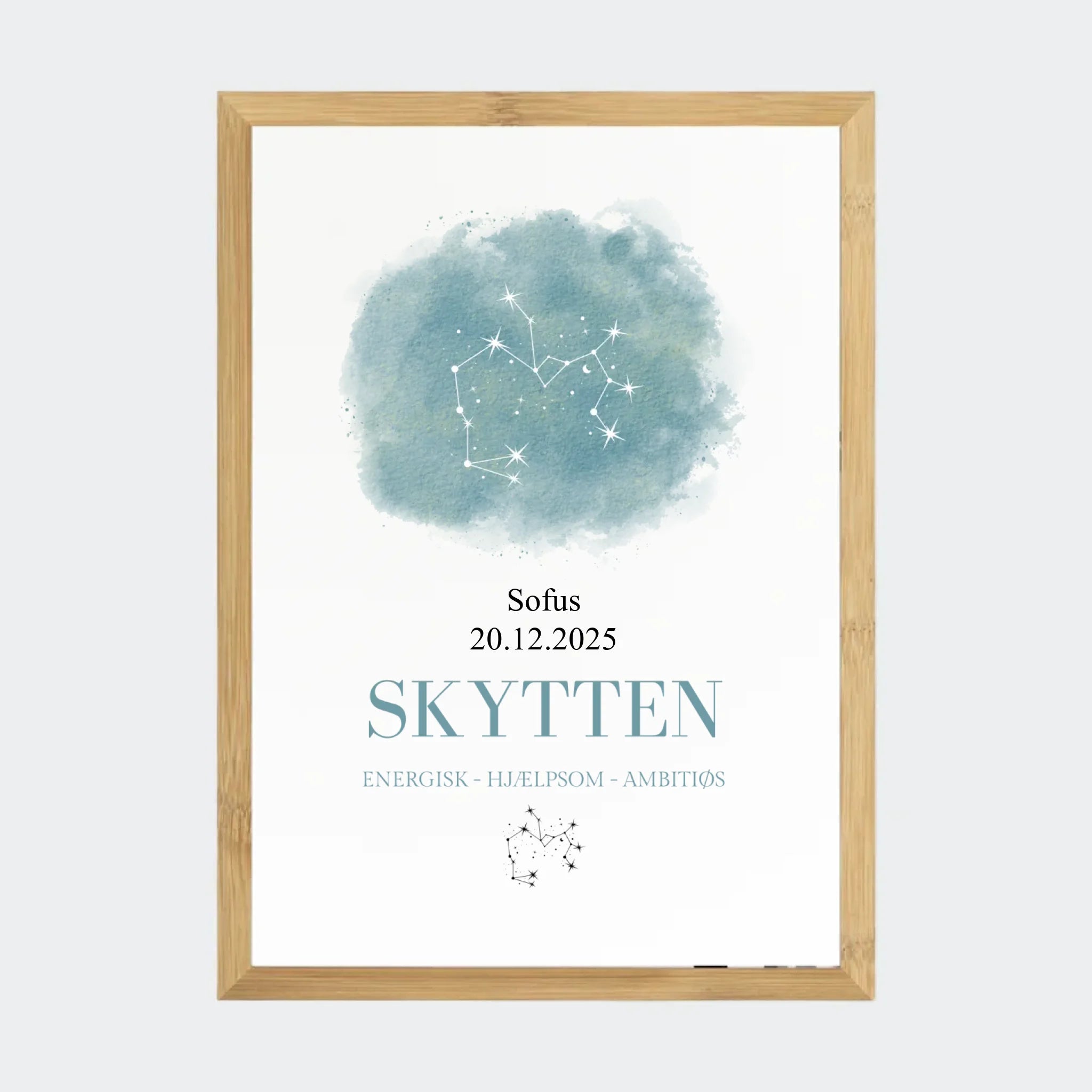 Stjernetegnsplakat – Skytten, A3 med ramme i bambus