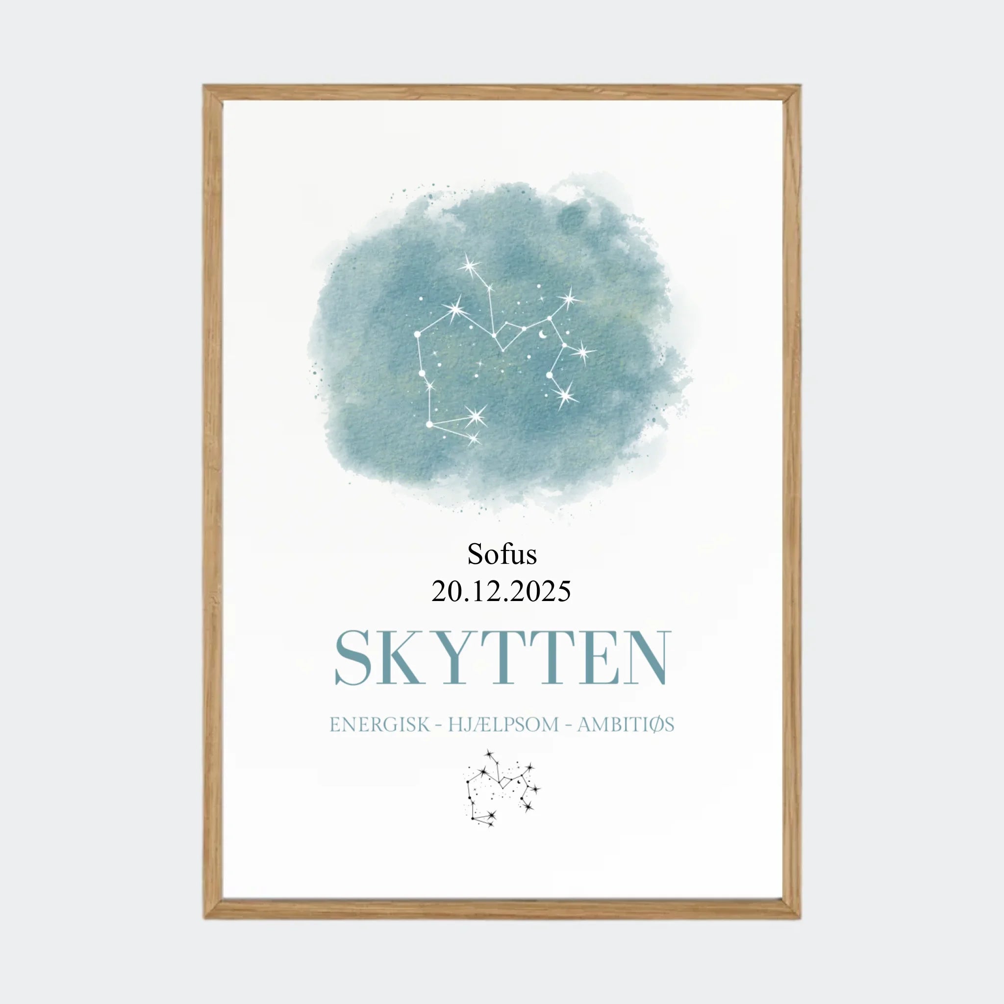Stjernetegnsplakat – Skytten, A3 med ramme i massiv eg