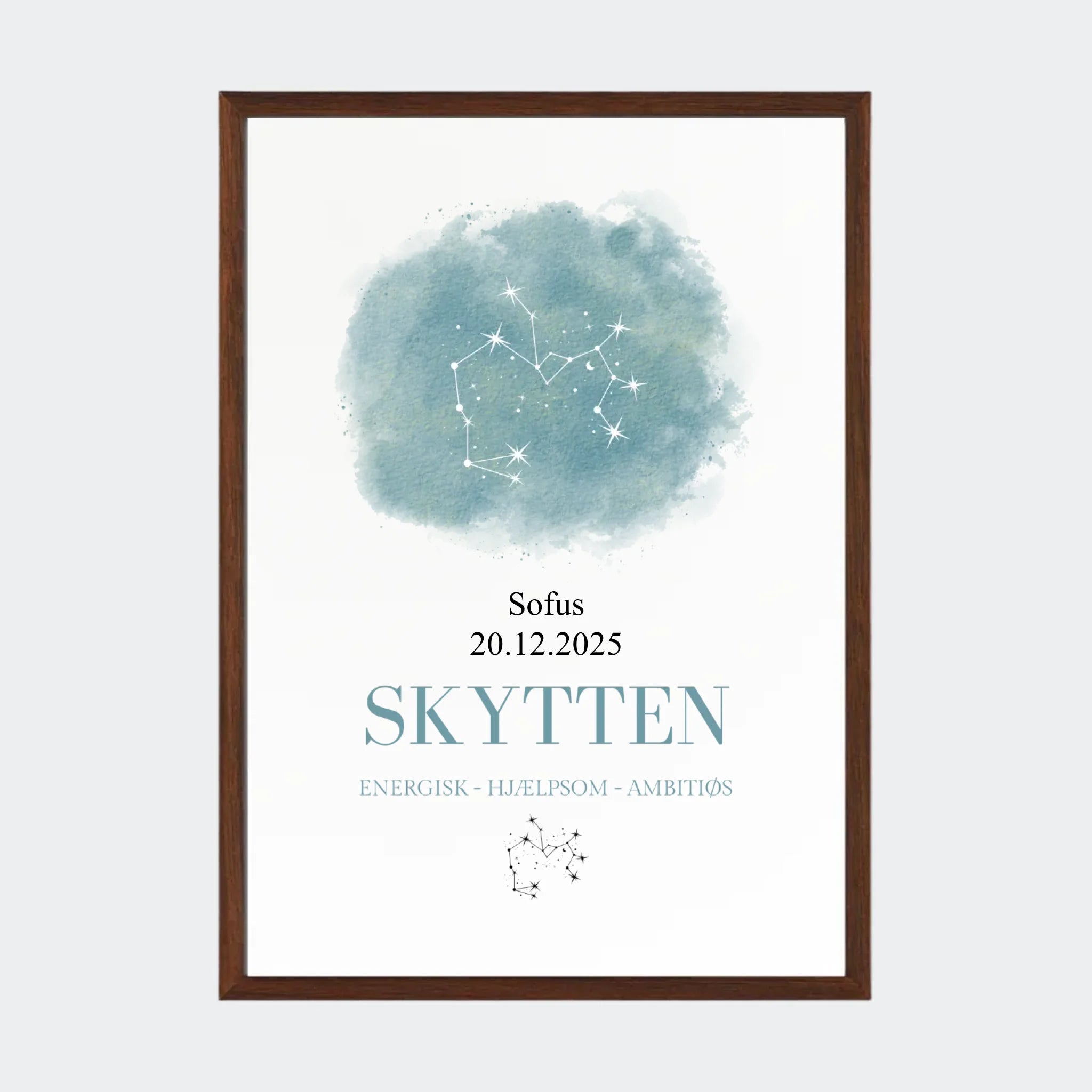 Stjernetegnsplakat – Skytten, A3 med ramme i mørk eg