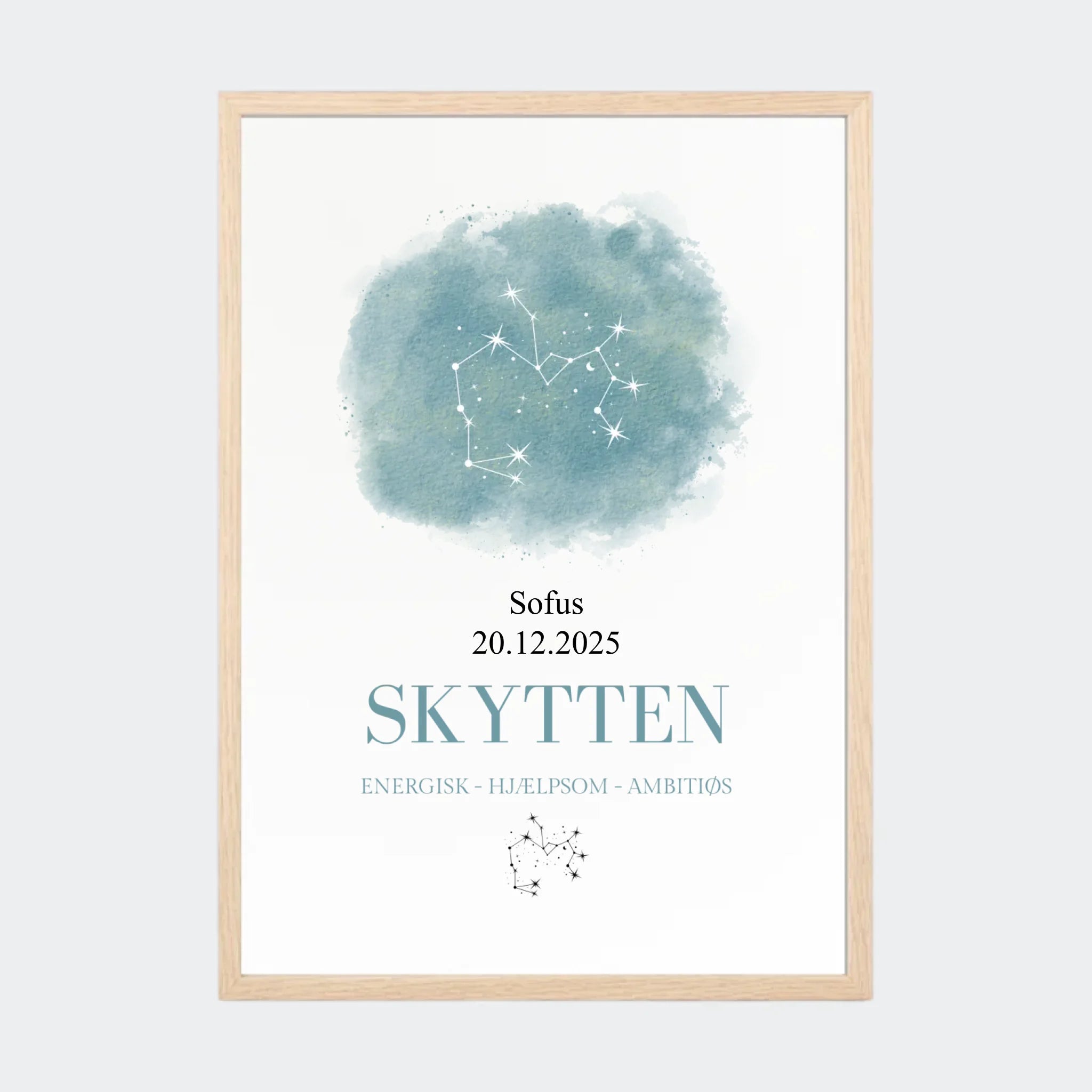 Stjernetegnsplakat – Skytten, A3 med ramme i natur eg