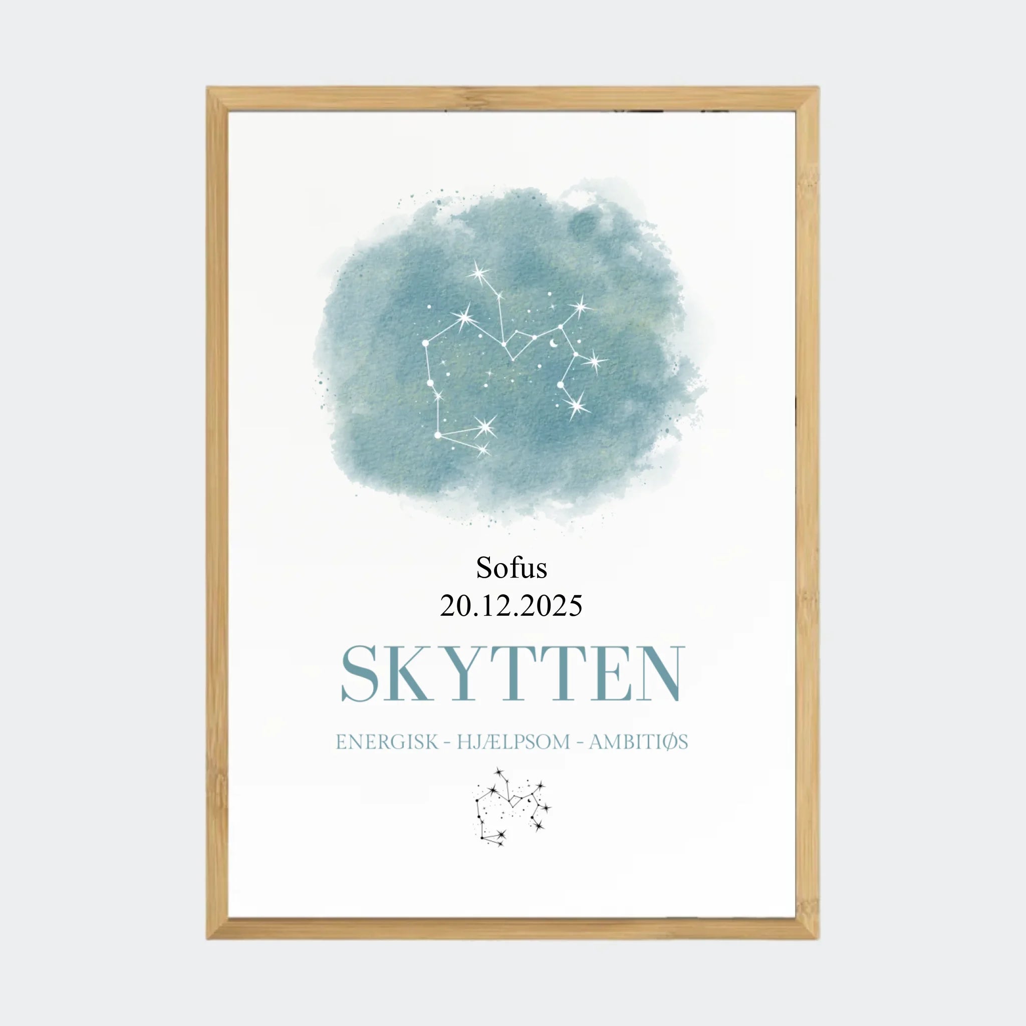 Stjernetegnsplakat – Skytten, A2 med ramme i bambus