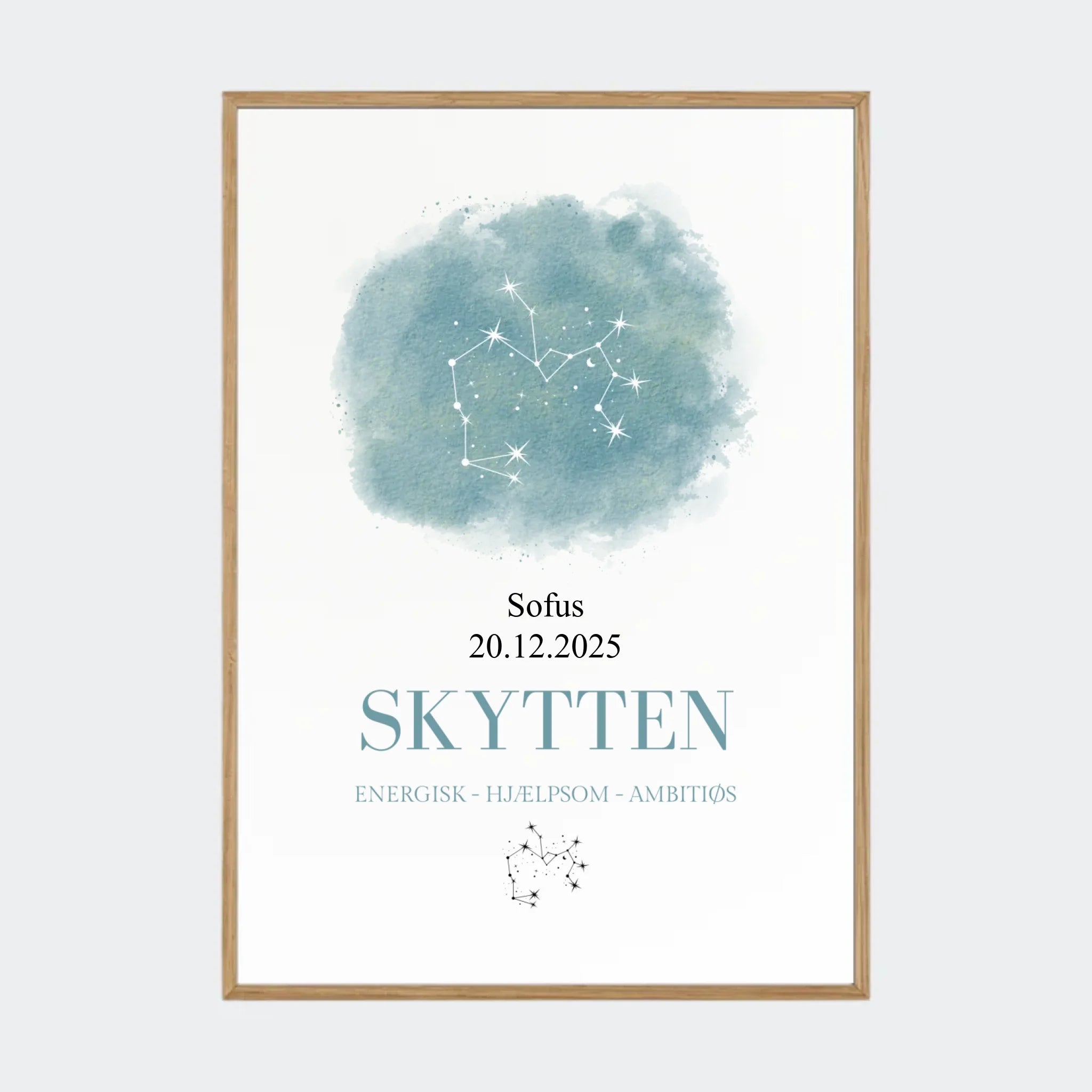 Stjernetegnsplakat – Skytten, A2 med ramme i massiv eg