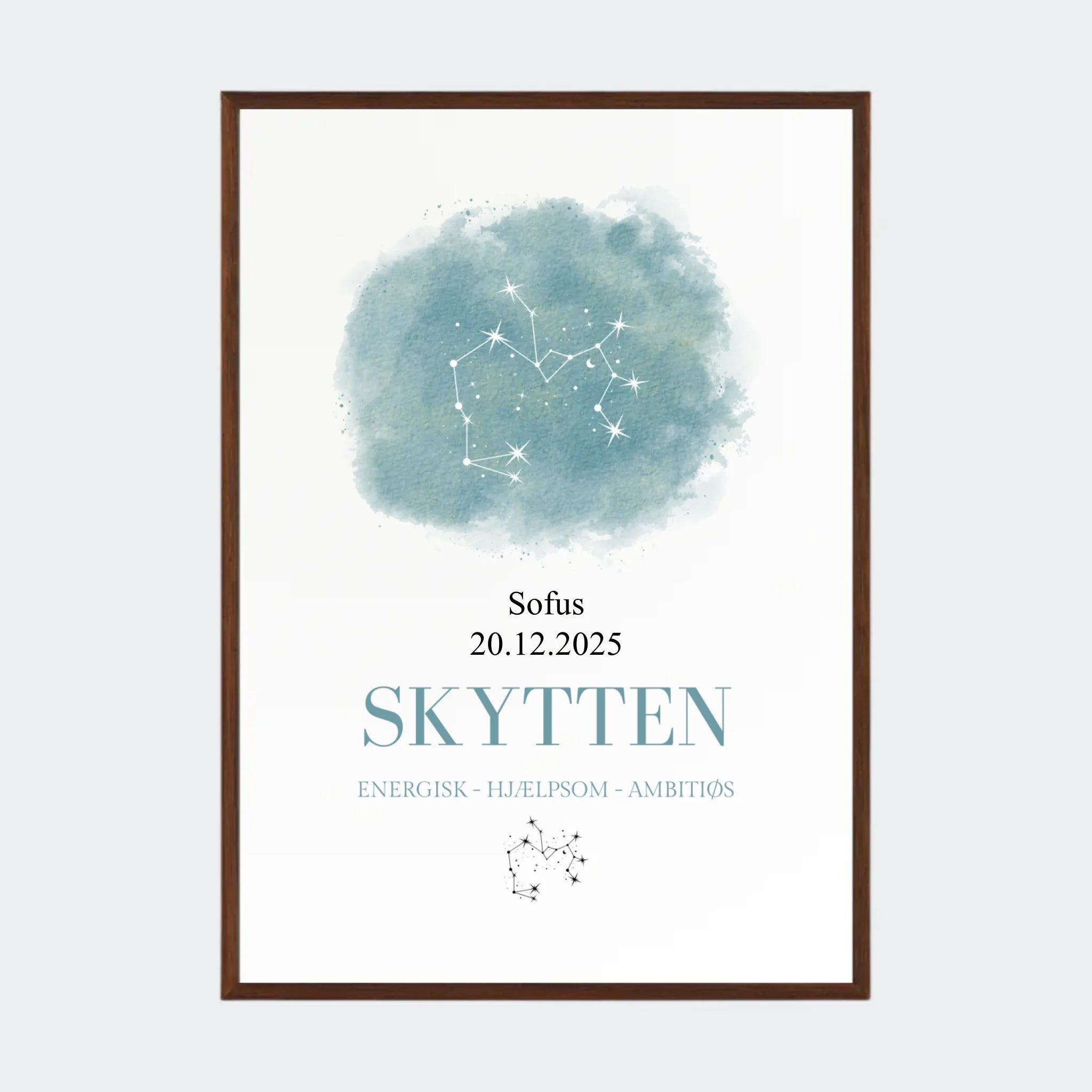 Stjernetegnsplakat – Skytten, A2 med ramme i mørk eg