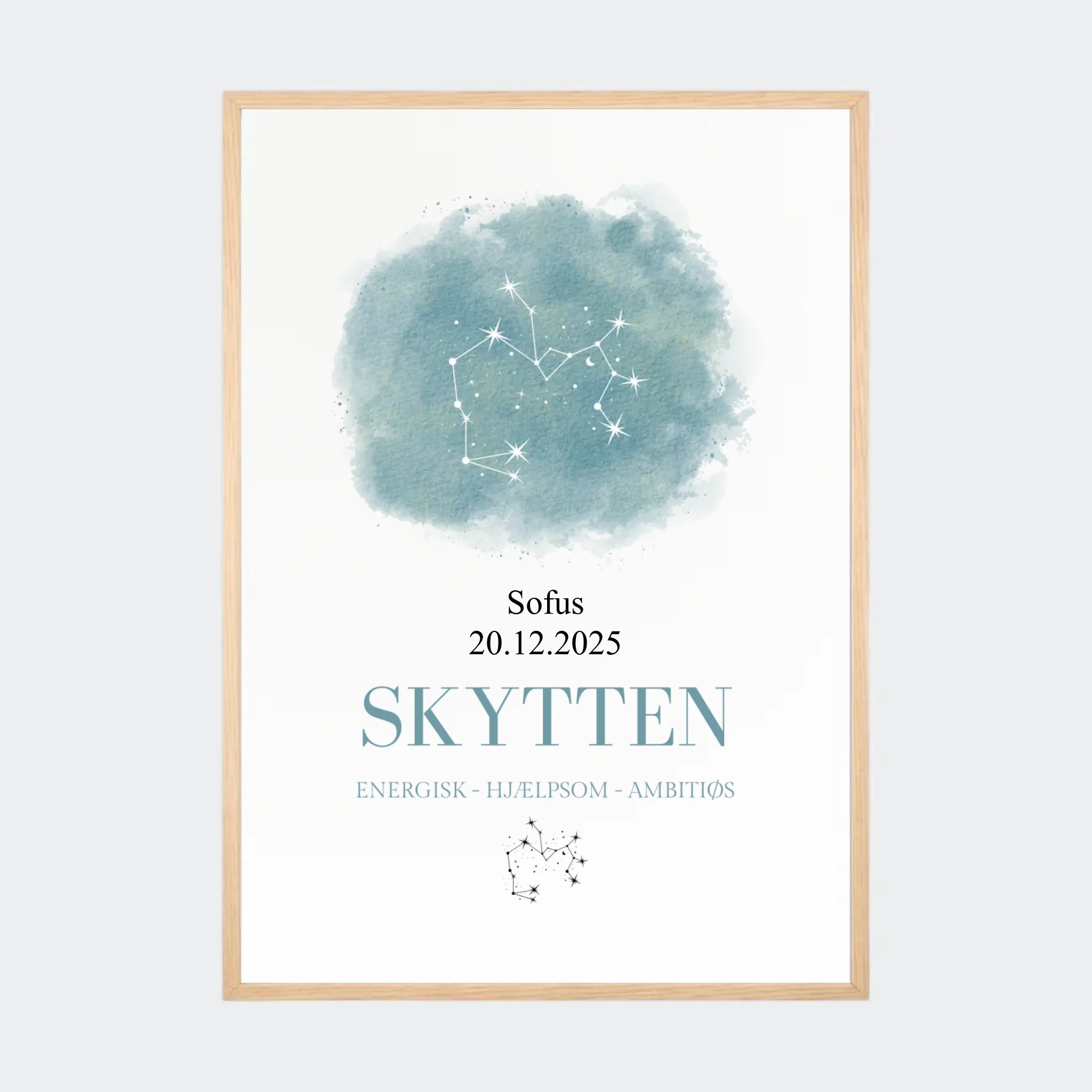 Stjernetegnsplakat – Skytten, A2 med naturfarvet ramme