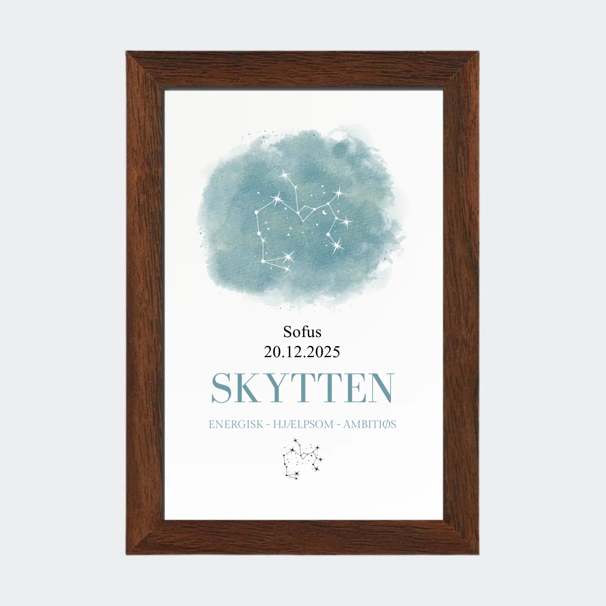 Stjernetegnsplakat – Skytten, 10 × 15 med ramme i mørk eg