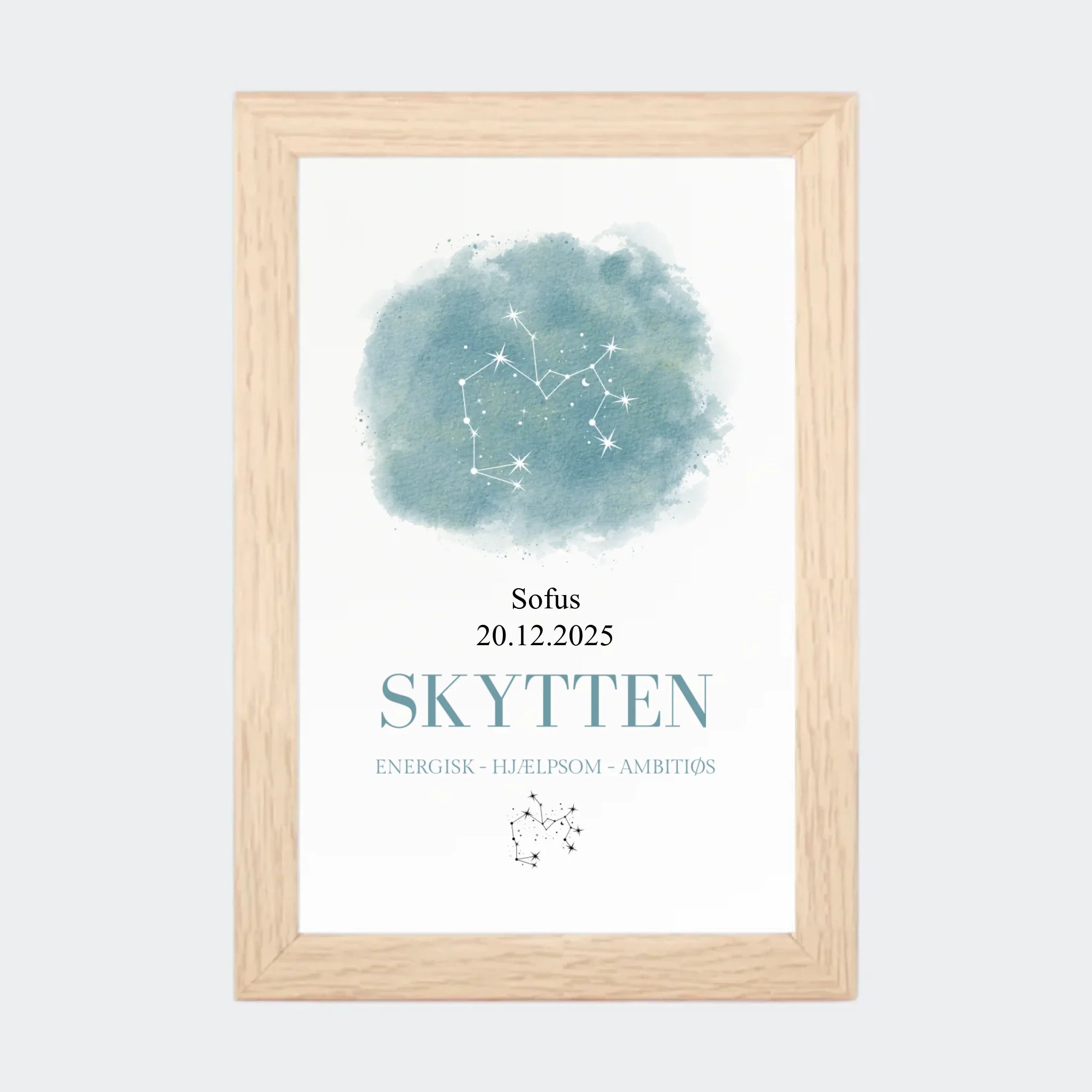 Stjernetegnsplakat – Skytten, 10 × 15 med naturfarvet ramme