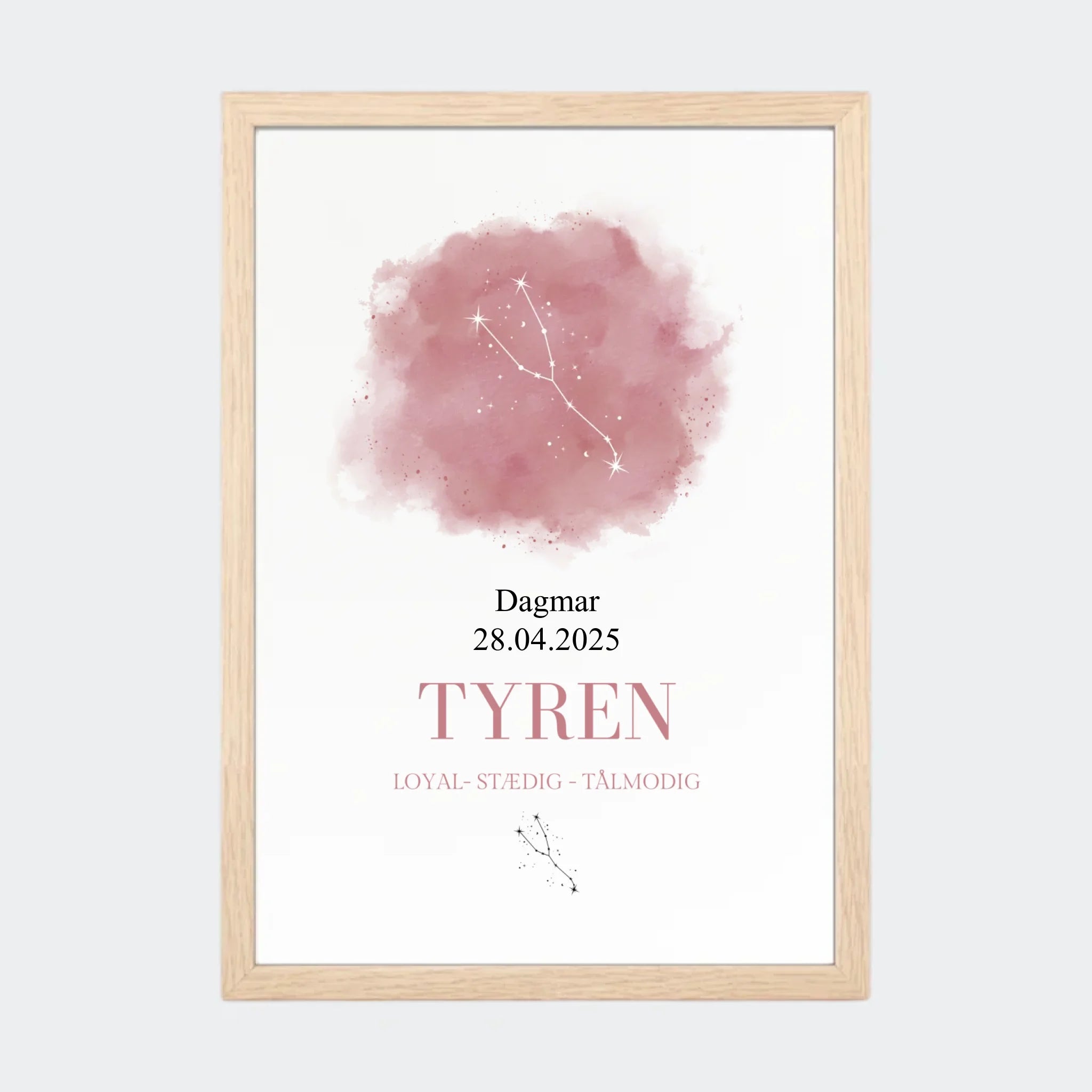 Stjernetegnsplakat – Tyren, A4 med naturfarvet ramme