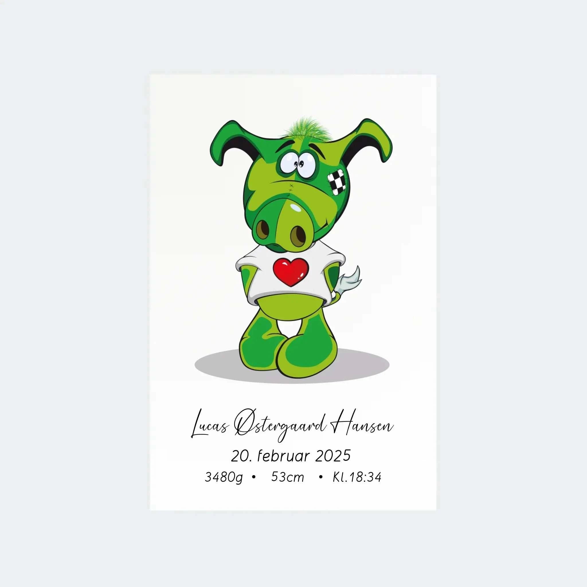 Personalized fødselsplakat with green cartoon wild boar, name, birth date, weight, length, and time details