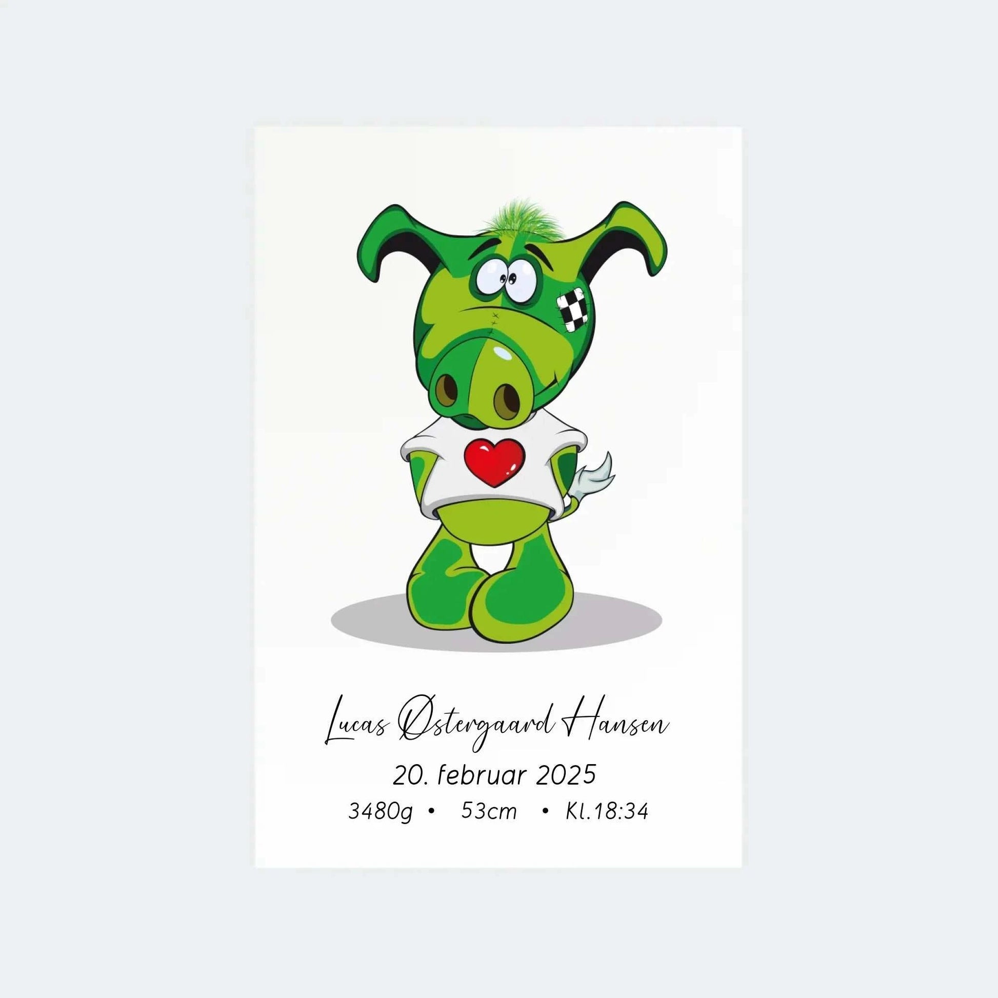 Personalized fødselsplakat with green cartoon wild boar, name, birth date, weight, length, and time details