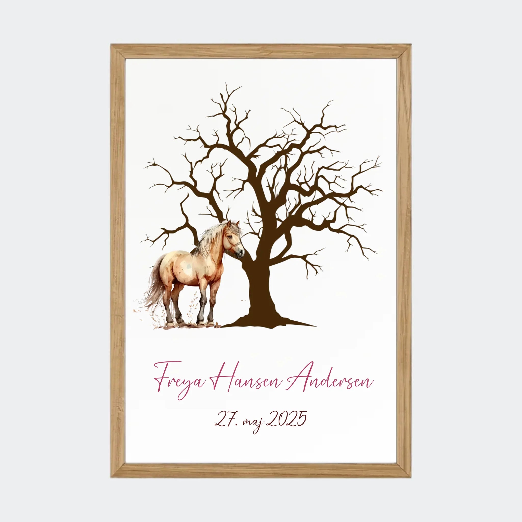 Fingeraftryksplakat – Med træ og hest, A4 med ramme i massiv eg