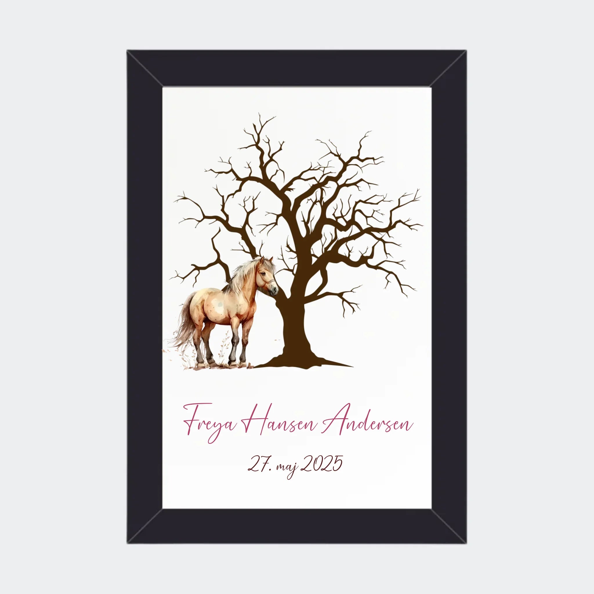 Fingeraftryksplakat – Med træ og hest, 10 × 15 med sort ramme
