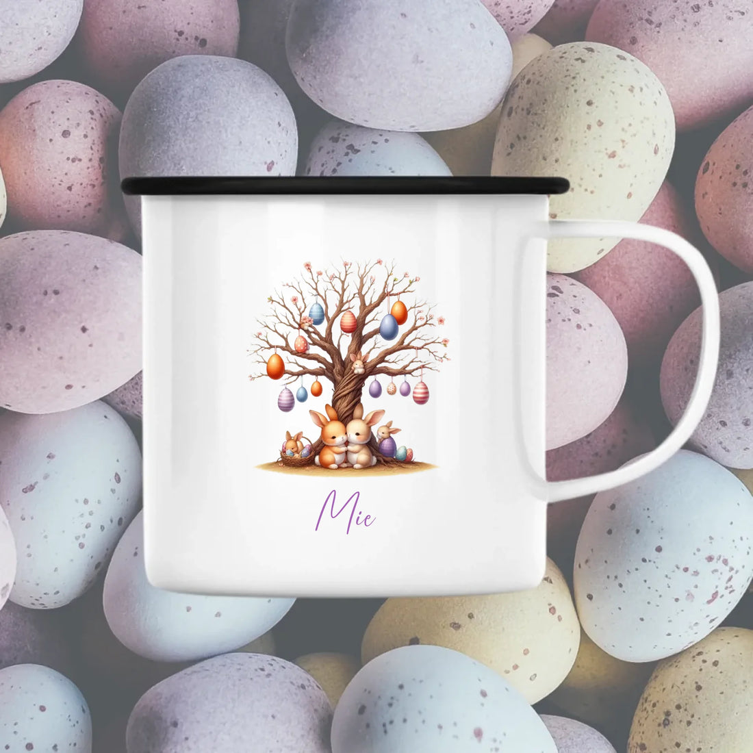 Enamelkop fra 300ml - Træ med påskeæg Customizer 123Unik Enamelkop sølv kant 300ml Hvid 300ml