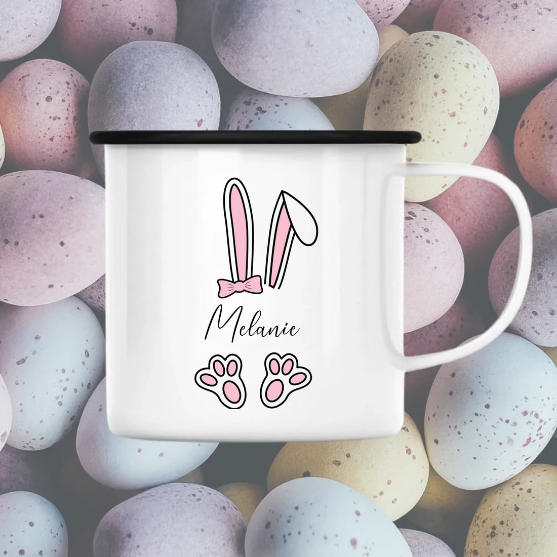 Enamelkop fra 300ml - Lyserød påskeharer Customizer 123Unik Enamelkop sølv kant 300ml Hvid 300ml