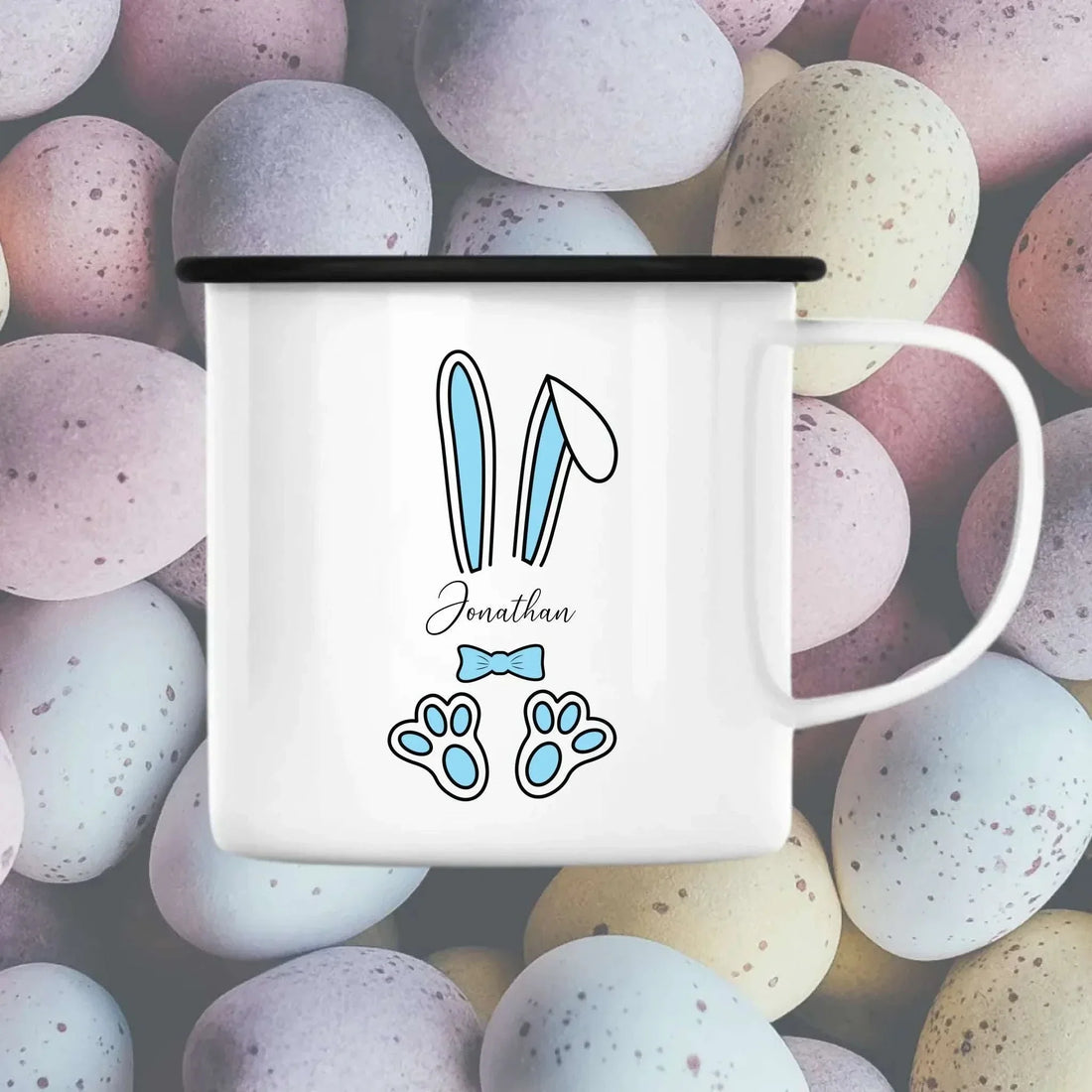 Enamelkop fra 300ml - Lyseblå påskeharer Customizer 123Unik Enamelkop sølv kant 300ml Hvid 300ml