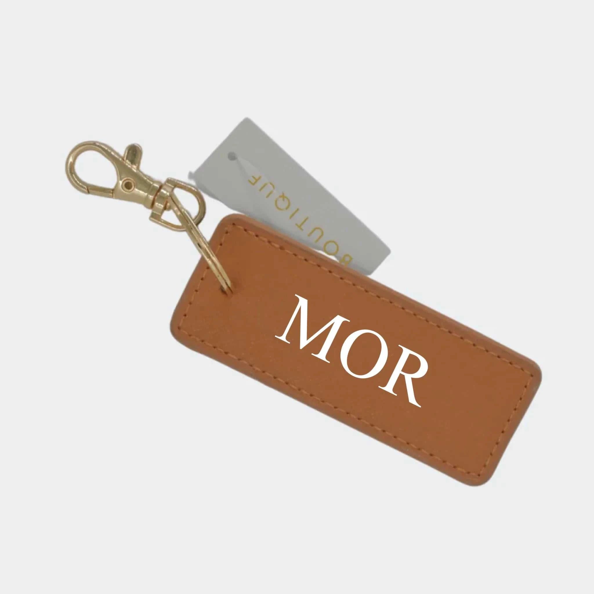 Brun/Guld nøglering – MOR, Brun/Guld Egen tekst Tan 3.5 x 9 cm