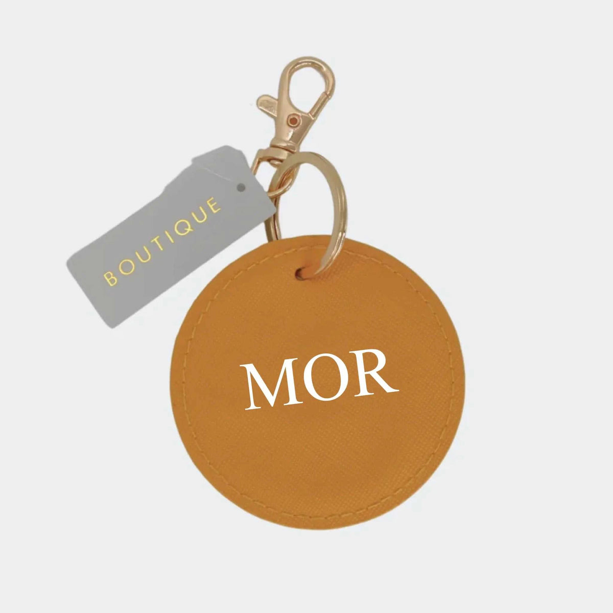 Mustard/Guld rund nøglering – MOR, Egen tekst sennepsgul Diameter 7 cm